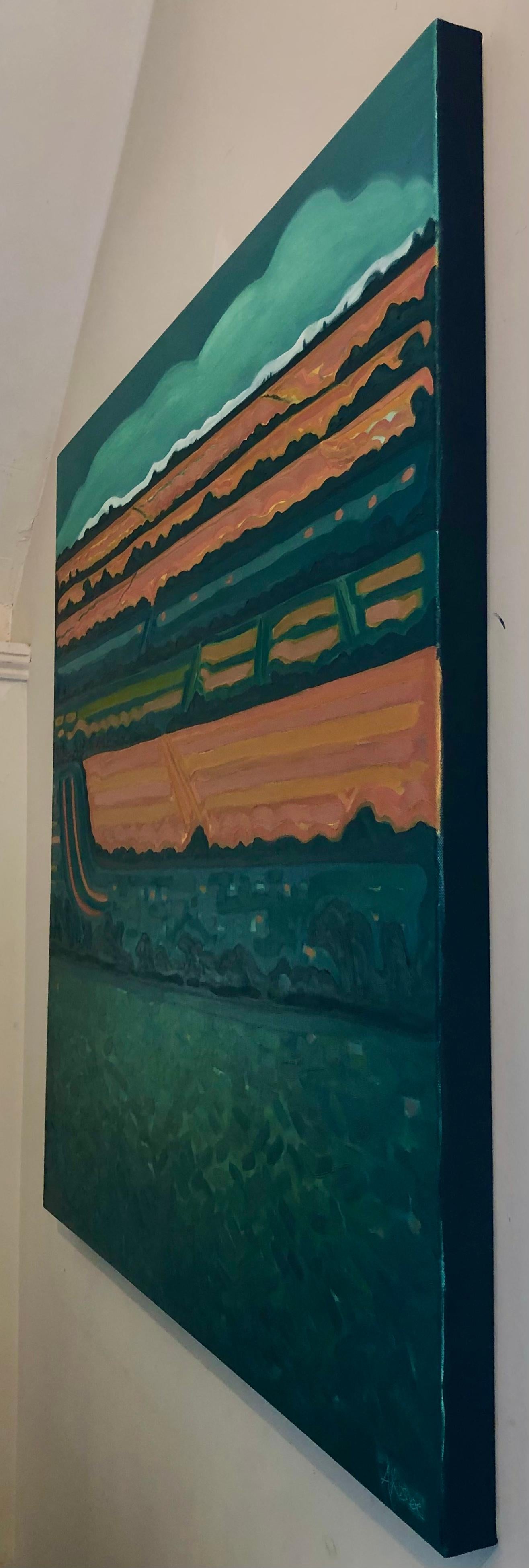 Grüne Horizontfelder, Originalgemälde, abstrakte Kunst, ländlich, rosa, leuchtende Kunst (Zeitgenössisch), Painting, von Alexa Roscoe