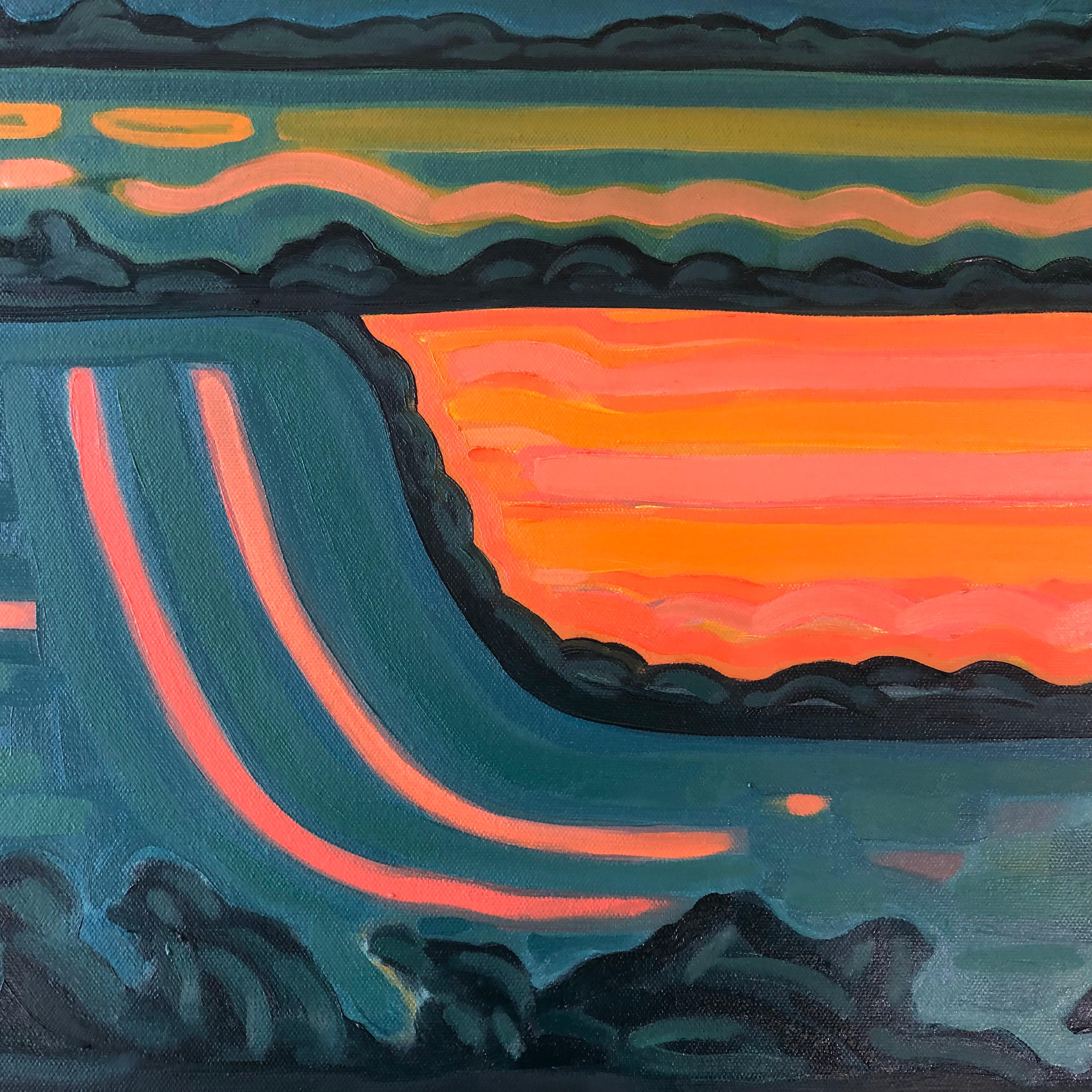 Grüne Horizontfelder, Originalgemälde, abstrakte Kunst, ländlich, rosa, leuchtende Kunst im Angebot 1