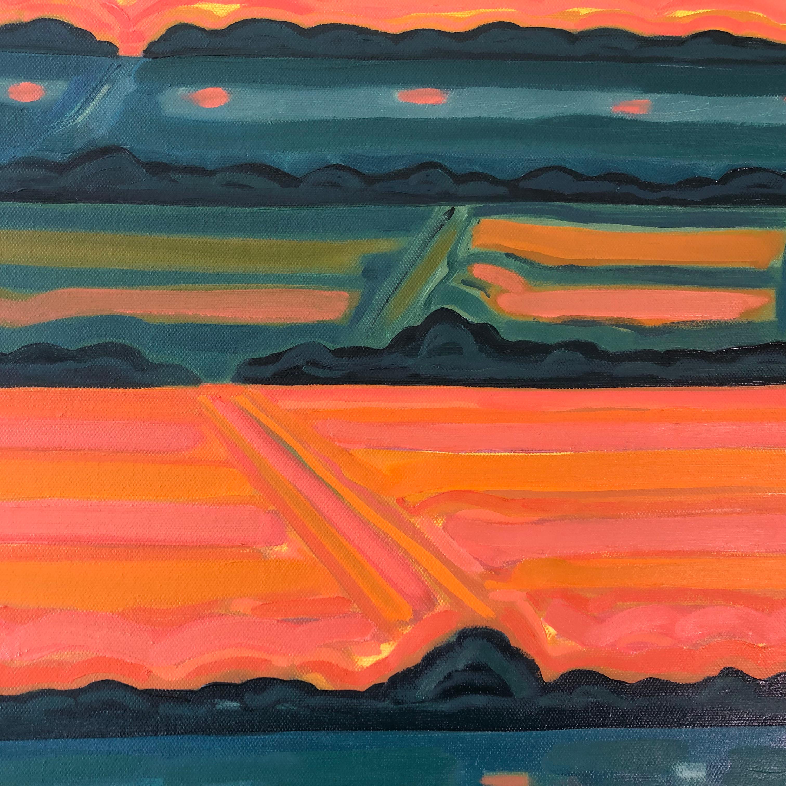 Grüne Horizontfelder, Originalgemälde, abstrakte Kunst, ländlich, rosa, leuchtende Kunst im Angebot 2