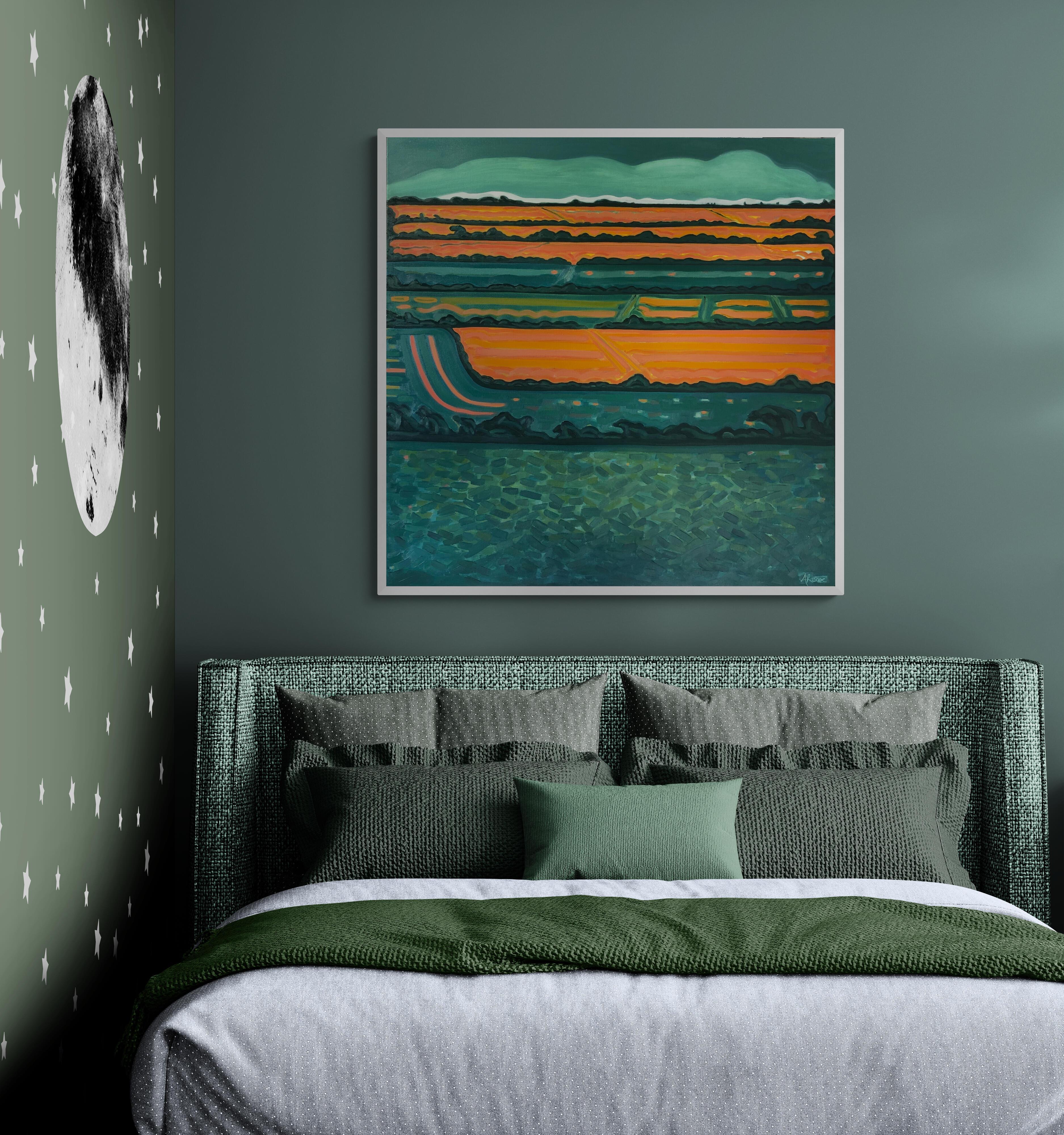 Grüne Horizontfelder, Originalgemälde, abstrakte Kunst, ländlich, rosa, leuchtende Kunst im Angebot 4