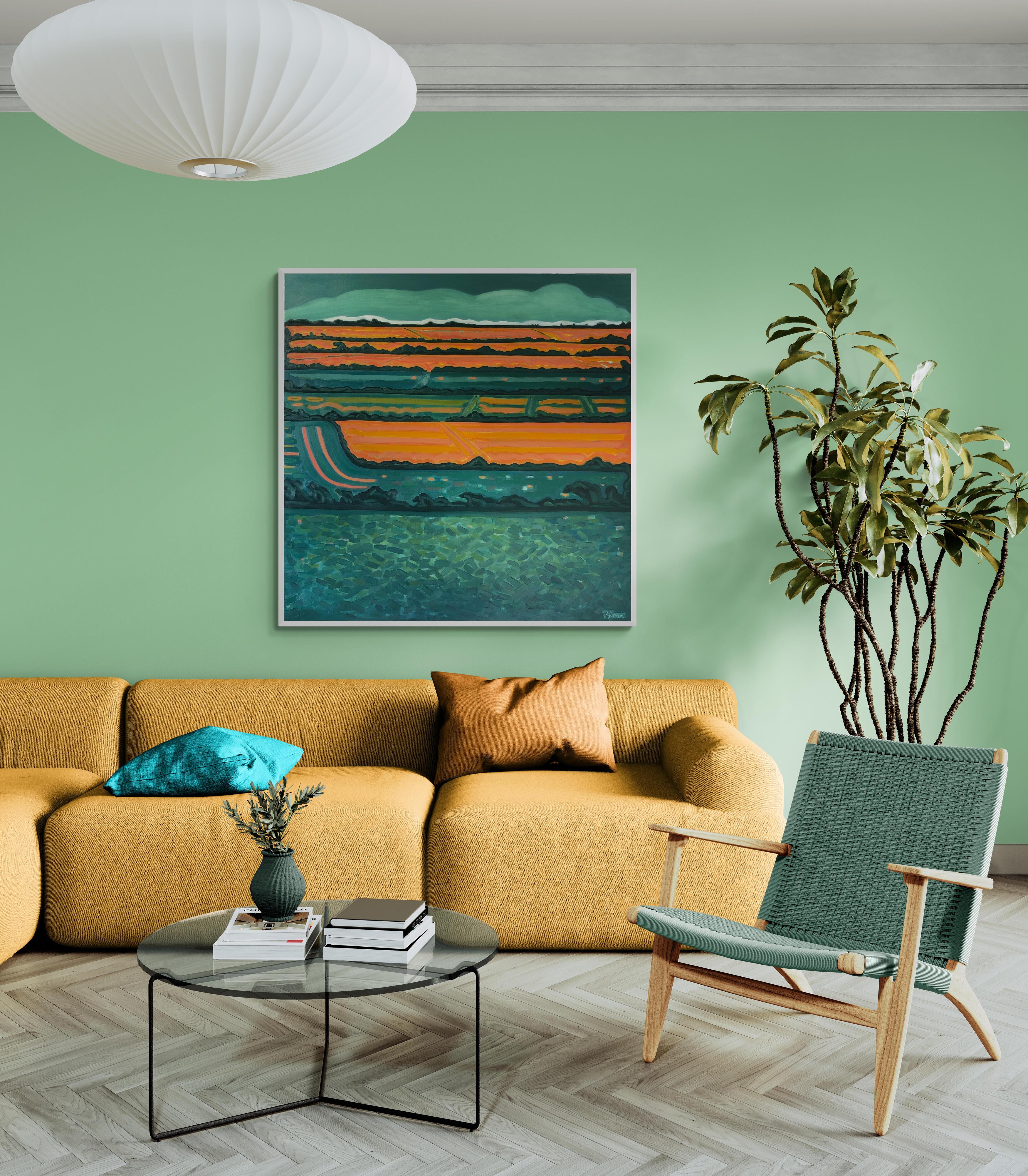 Grüne Horizontfelder, Originalgemälde, abstrakte Kunst, ländlich, rosa, leuchtende Kunst im Angebot 5