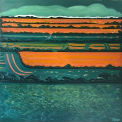 Grüne Horizontfelder, Originalgemälde, abstrakte Kunst, ländlich, rosa, leuchtende Kunst