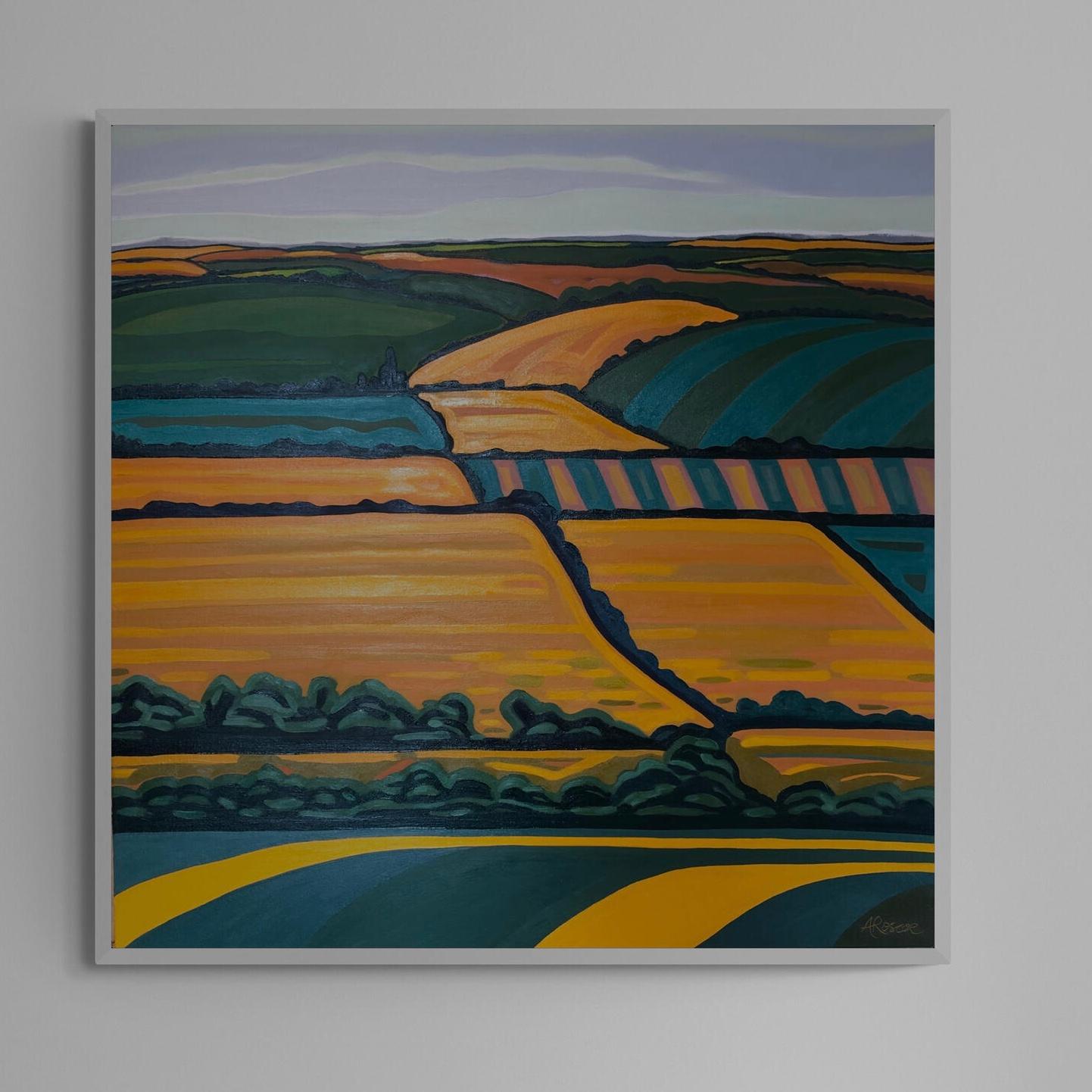 Hill View no. 2 is an original oil painting by artist Alexa Roscoe. This painting has calm feeling capturing a beautiful light and depth in the horizon. This is a vibrant landscape painting with strong bold lines which seem to flow freely down the