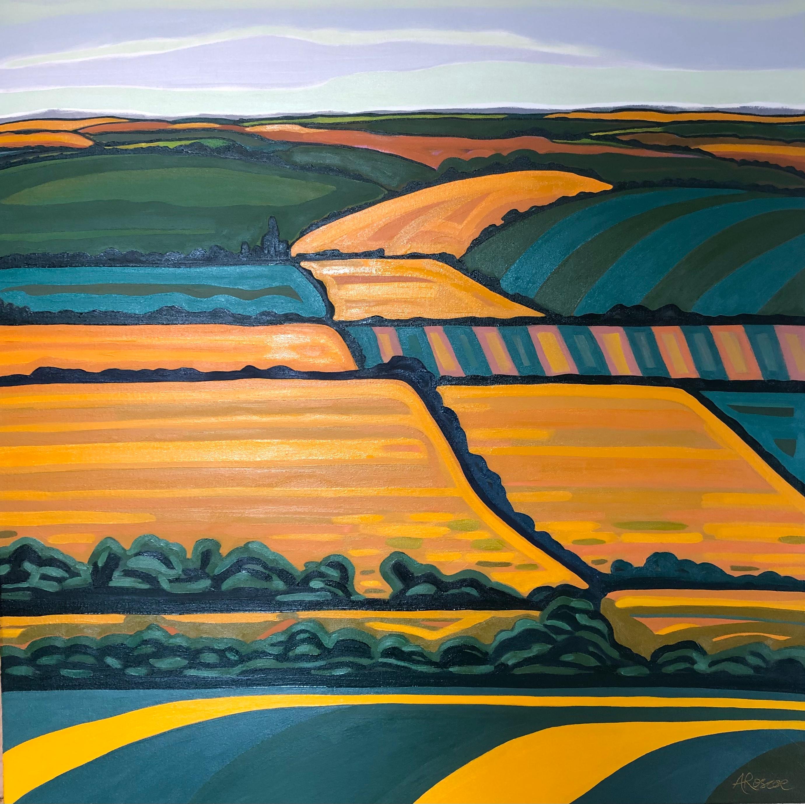 Alexa Roscoe Landscape Painting - Hill View no. 2, Contemporary landscape painting, meadows, hills, countryside 