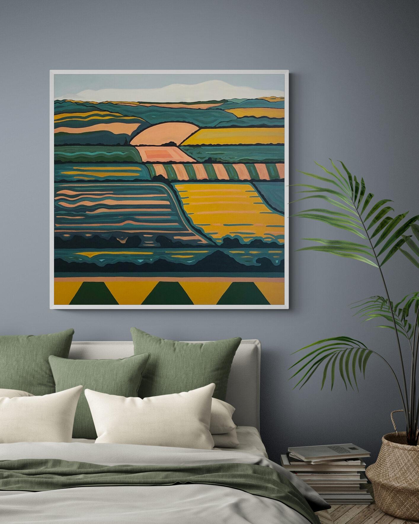 Hill View no. 6, Originalgemälde, abstrakte Kunst, ländlich, rosa, helle Kunst (Schwarz), Landscape Painting, von Alexa Roscoe