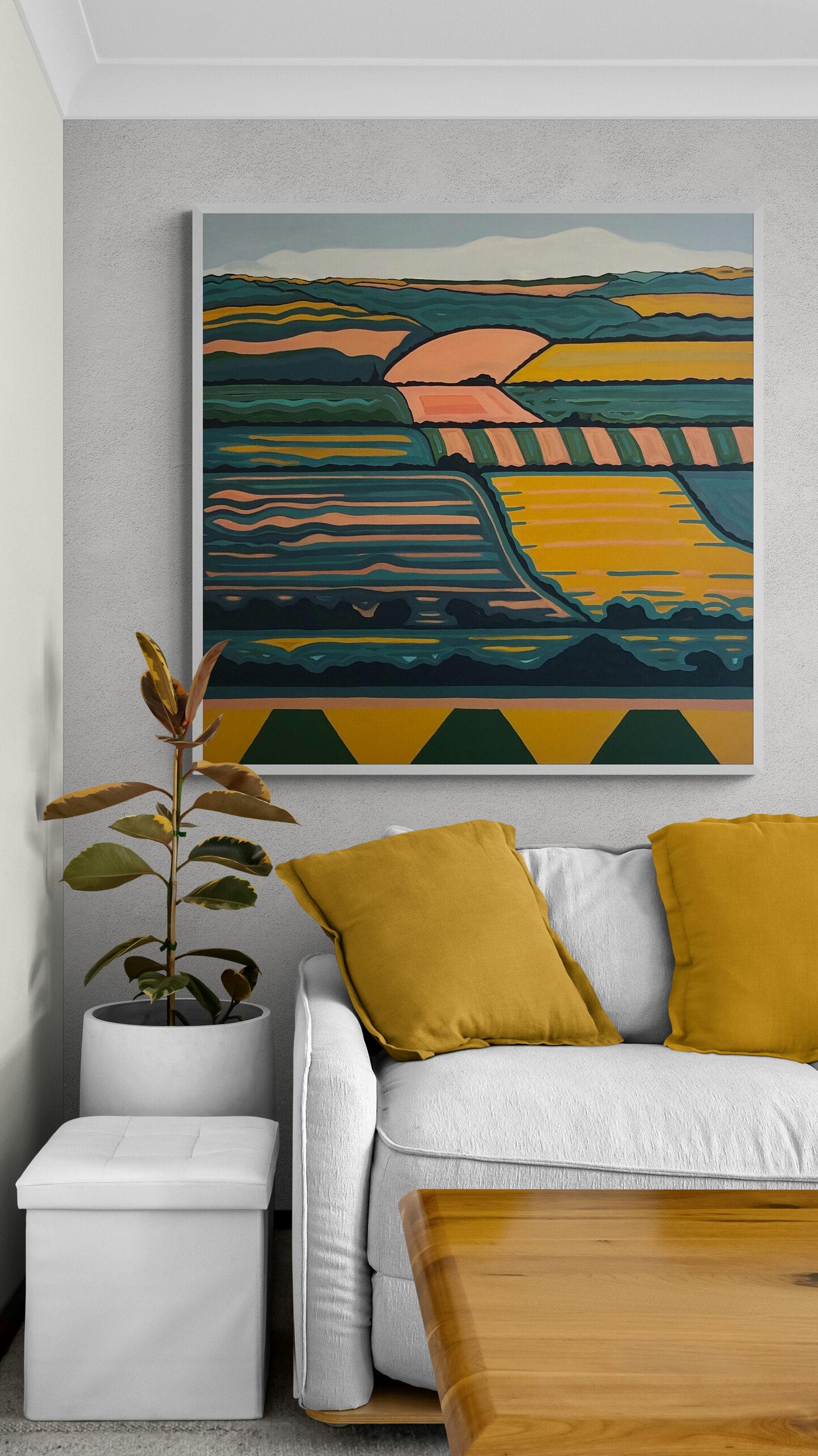 Hill View no. 6, Originalgemälde, abstrakte Kunst, ländlich, rosa, helle Kunst im Angebot 2