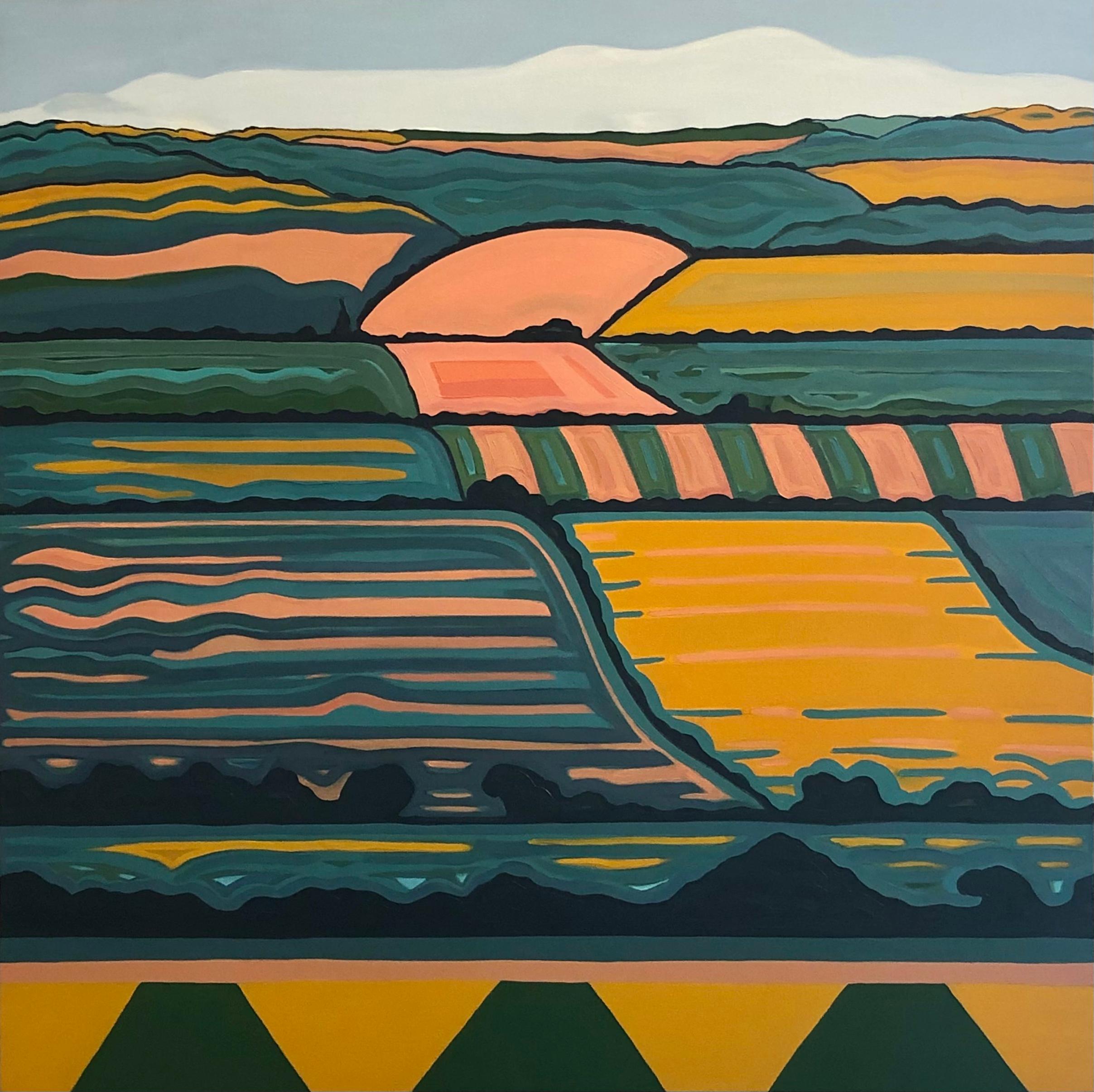 Hill View no. 6, Originalgemälde, abstrakte Kunst, ländlich, rosa, helle Kunst