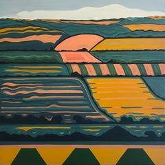 Hill View no. 6, Peinture originale, Art abstrait, Rural, Rose, Bright art