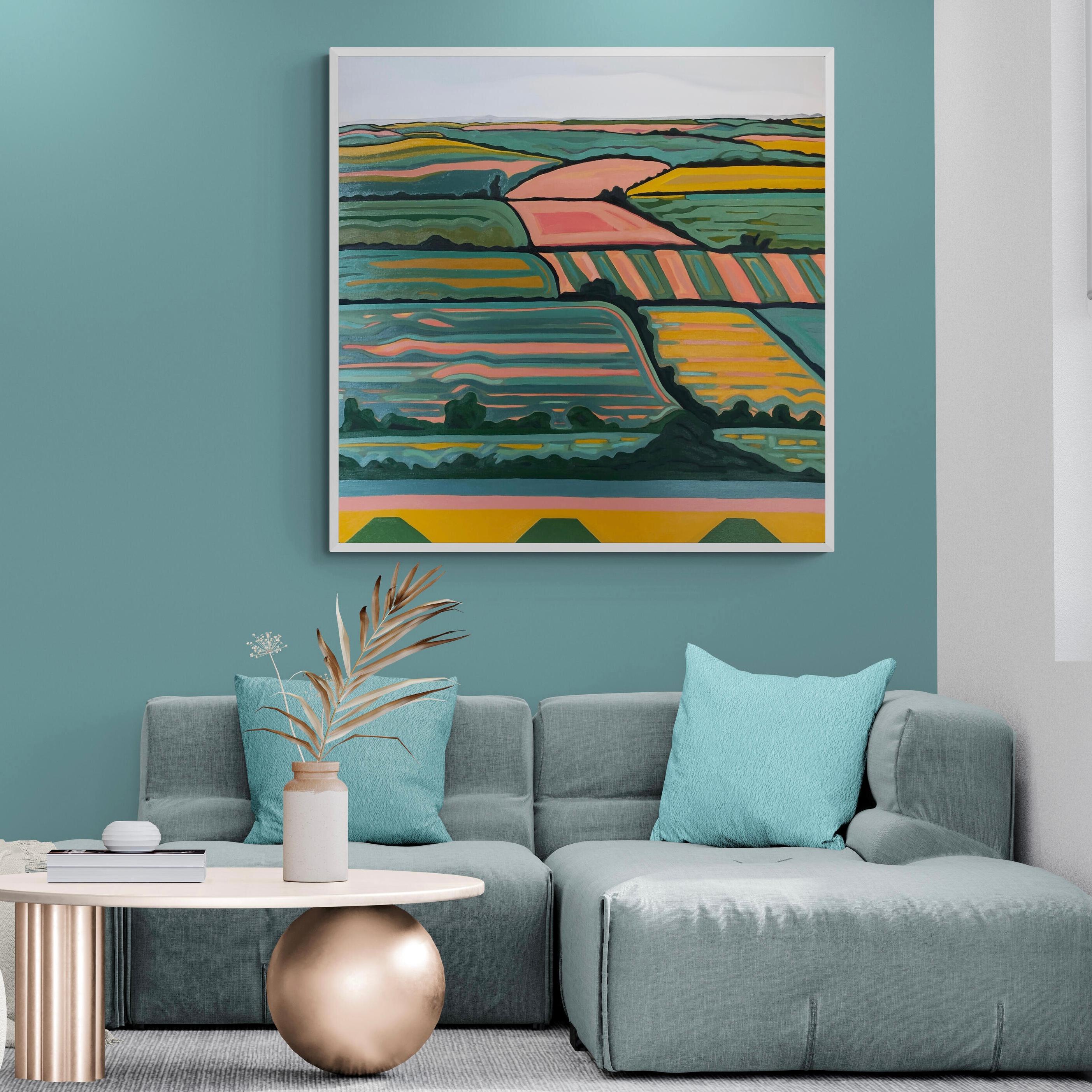 Hill View no. 1 is an original painting by artist Alexa Roscoe. Alexa captures a colourful landscape with strong lines which cascade down the canvas giving a sense of movement and flow. In contrast to the foreground where Alexa has abstracted the
