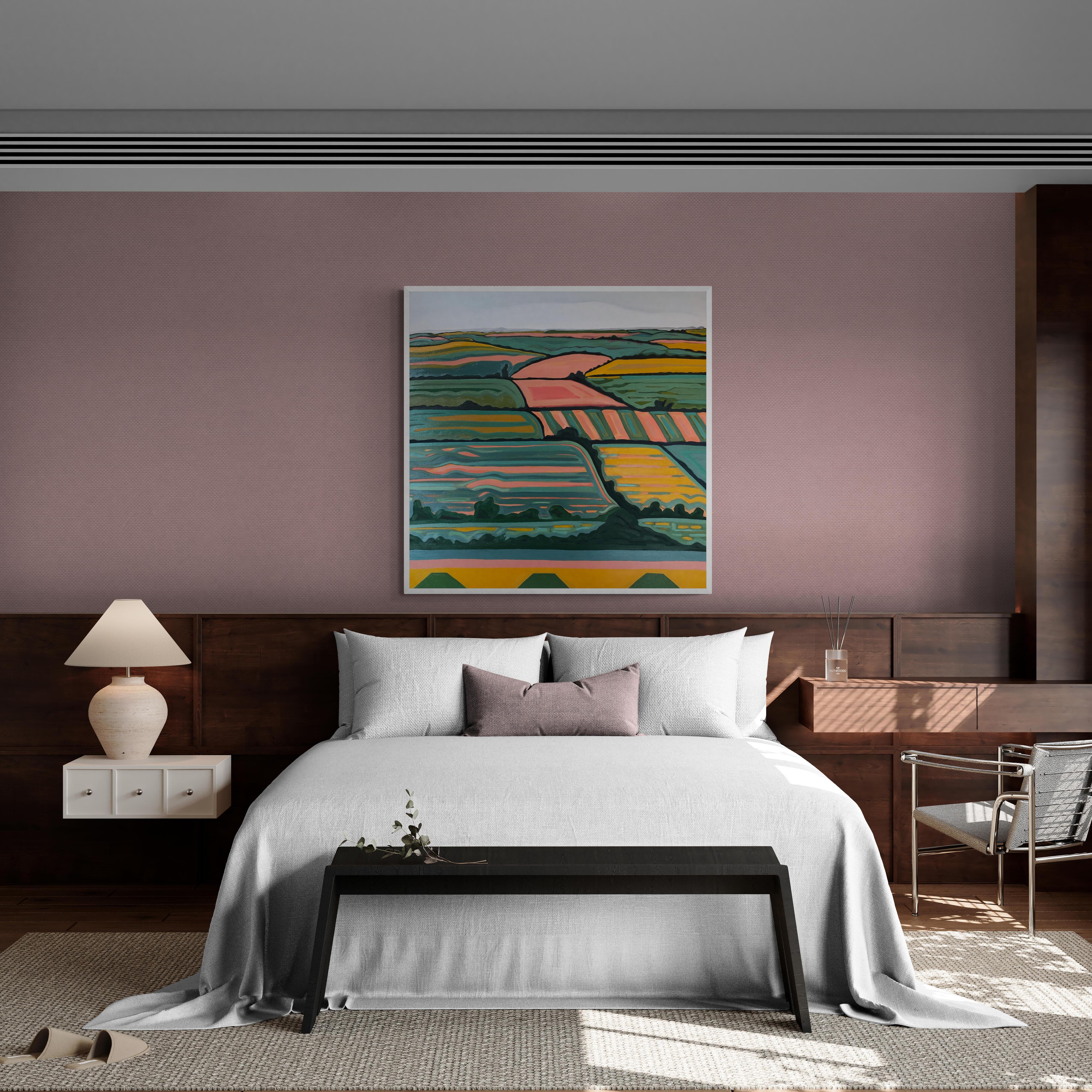 Vista de Hill nº 1 es un cuadro original de la artista Alexa Roscoe. Alexa capta un paisaje colorido con fuertes líneas que caen en cascada por el lienzo dando una sensación de movimiento y fluidez. En contraste con el primer plano, Alexa ha