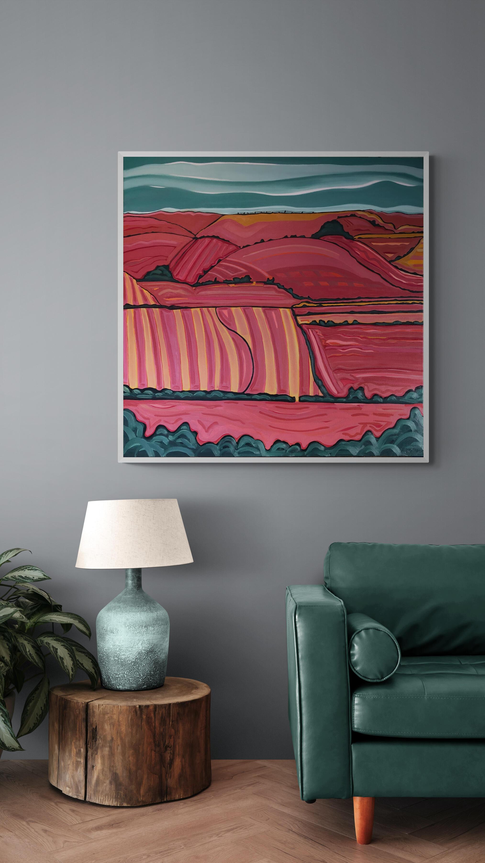 Over the Hills no.1, peinture originale, art du paysage contemporain, Meadows - Rose Still-Life Painting par Alexa Roscoe