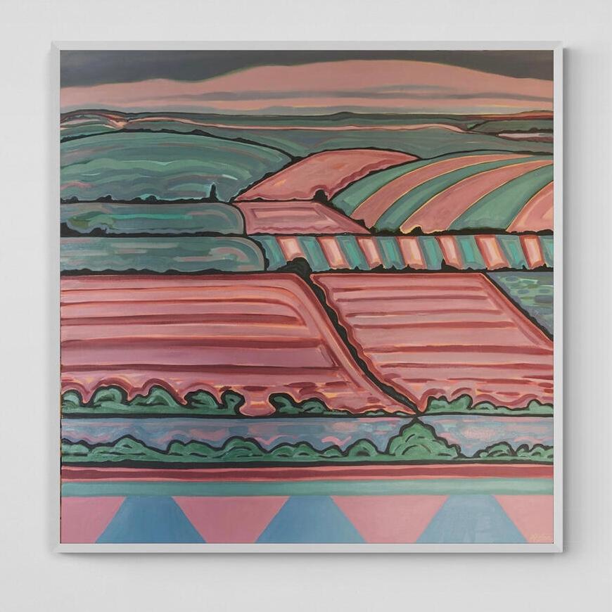 Hill View no.3 is an original painting by artist Alexa Roscoe. In this painting Alexa has used calm colours creating a peaceful feeling. The fields flow down the canvas giving a sense of movement and rhythm. In the foreground Alexa has abstracted