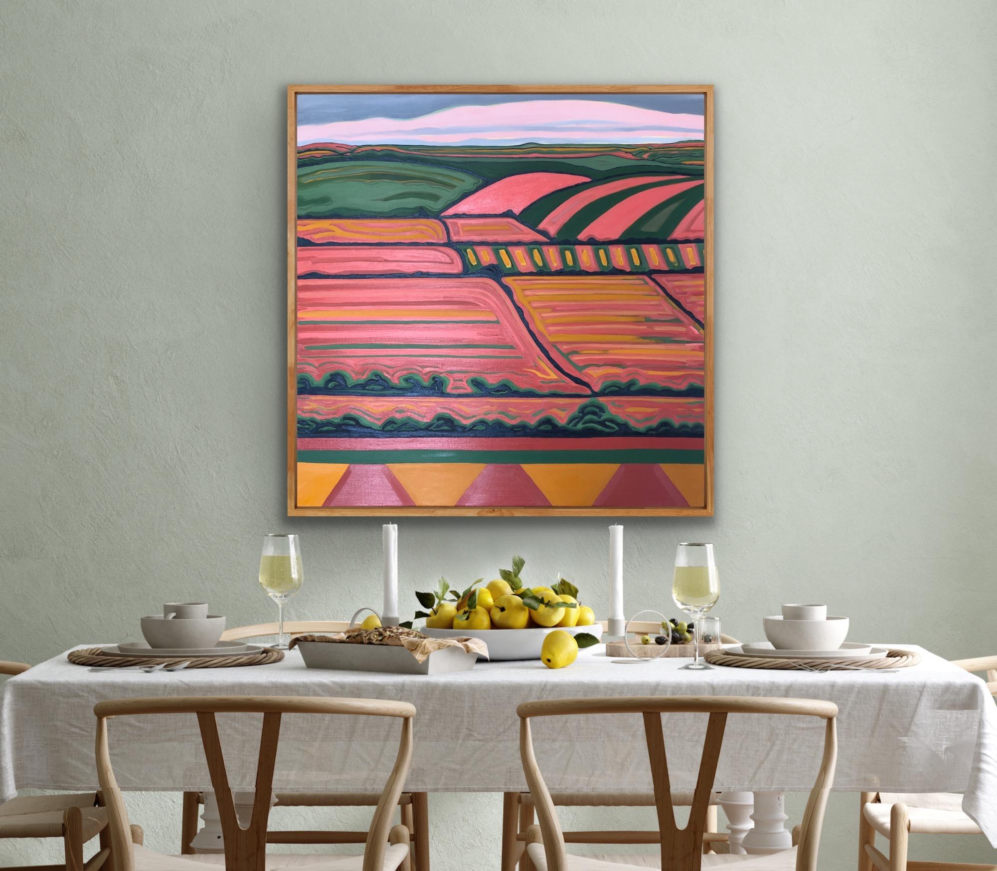 Vista de la colina nº 5, Pintura original, Arte abstracto, Campos, Rural, Rosa, Arte brillante en venta 6