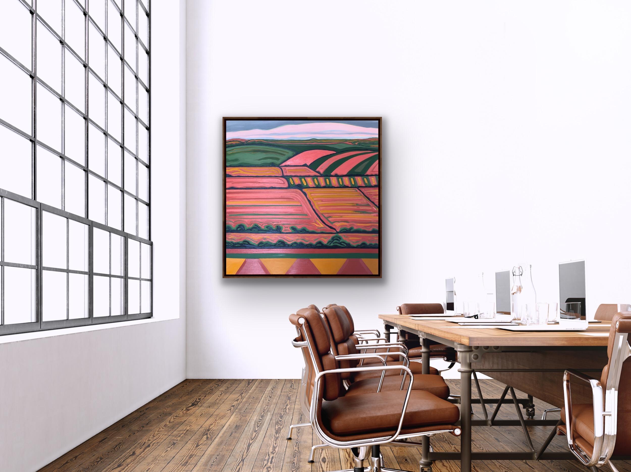 Vista de la colina nº 5, Pintura original, Arte abstracto, Campos, Rural, Rosa, Arte brillante en venta 7