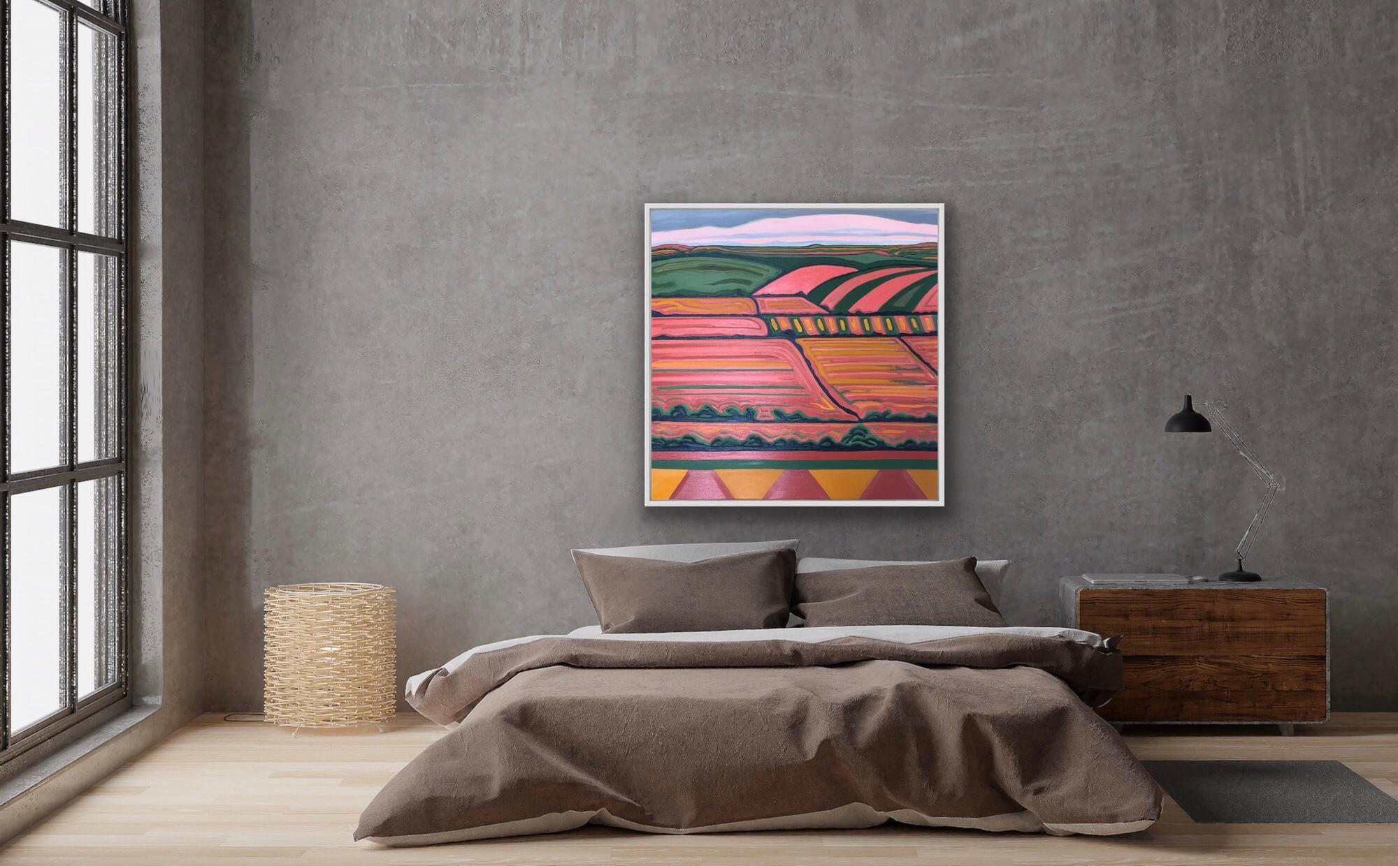 Vista de la colina nº 5, Pintura original, Arte abstracto, Campos, Rural, Rosa, Arte brillante en venta 8