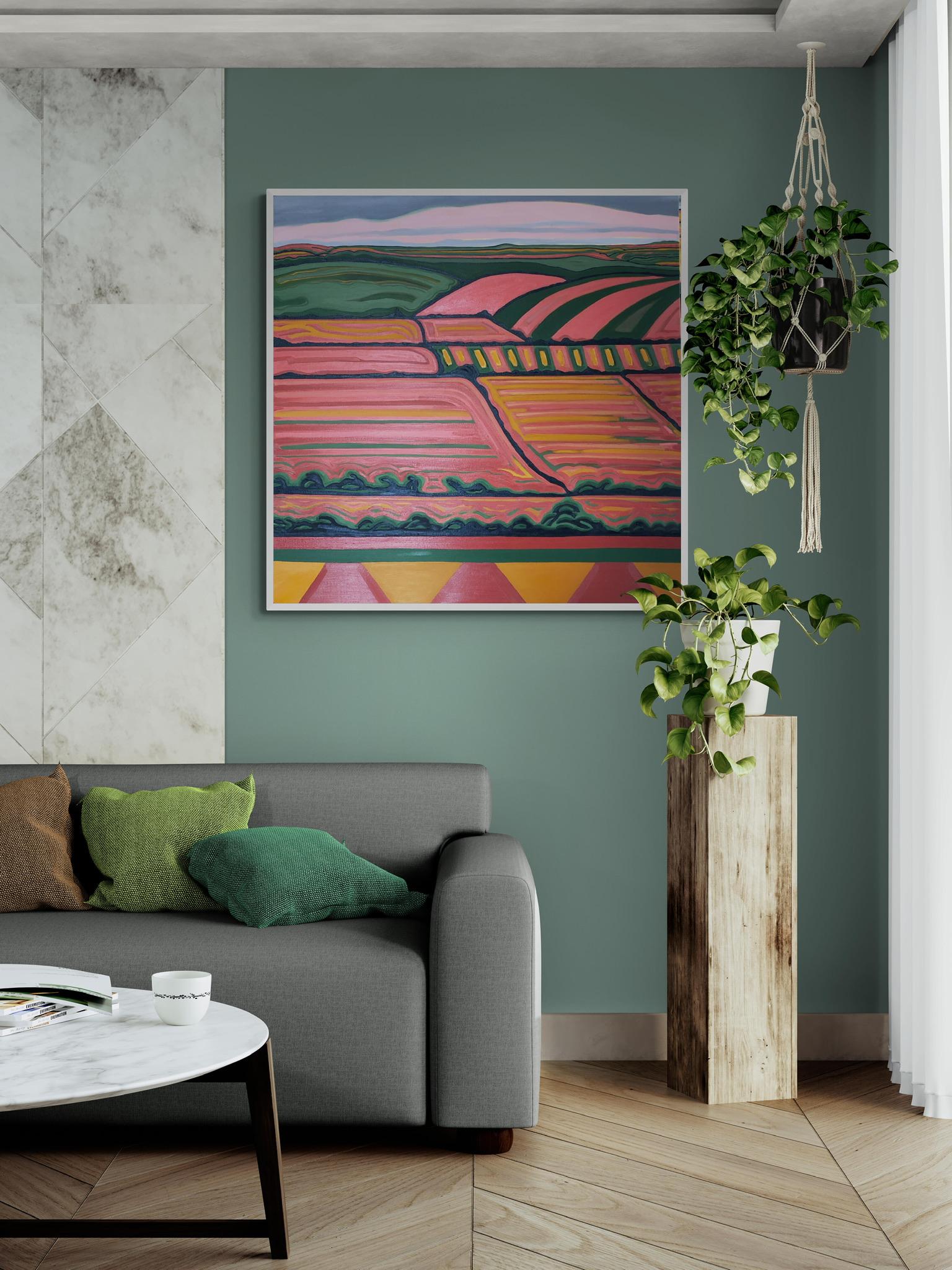 Vista de la colina nº 5, Pintura original, Arte abstracto, Campos, Rural, Rosa, Arte brillante en venta 9