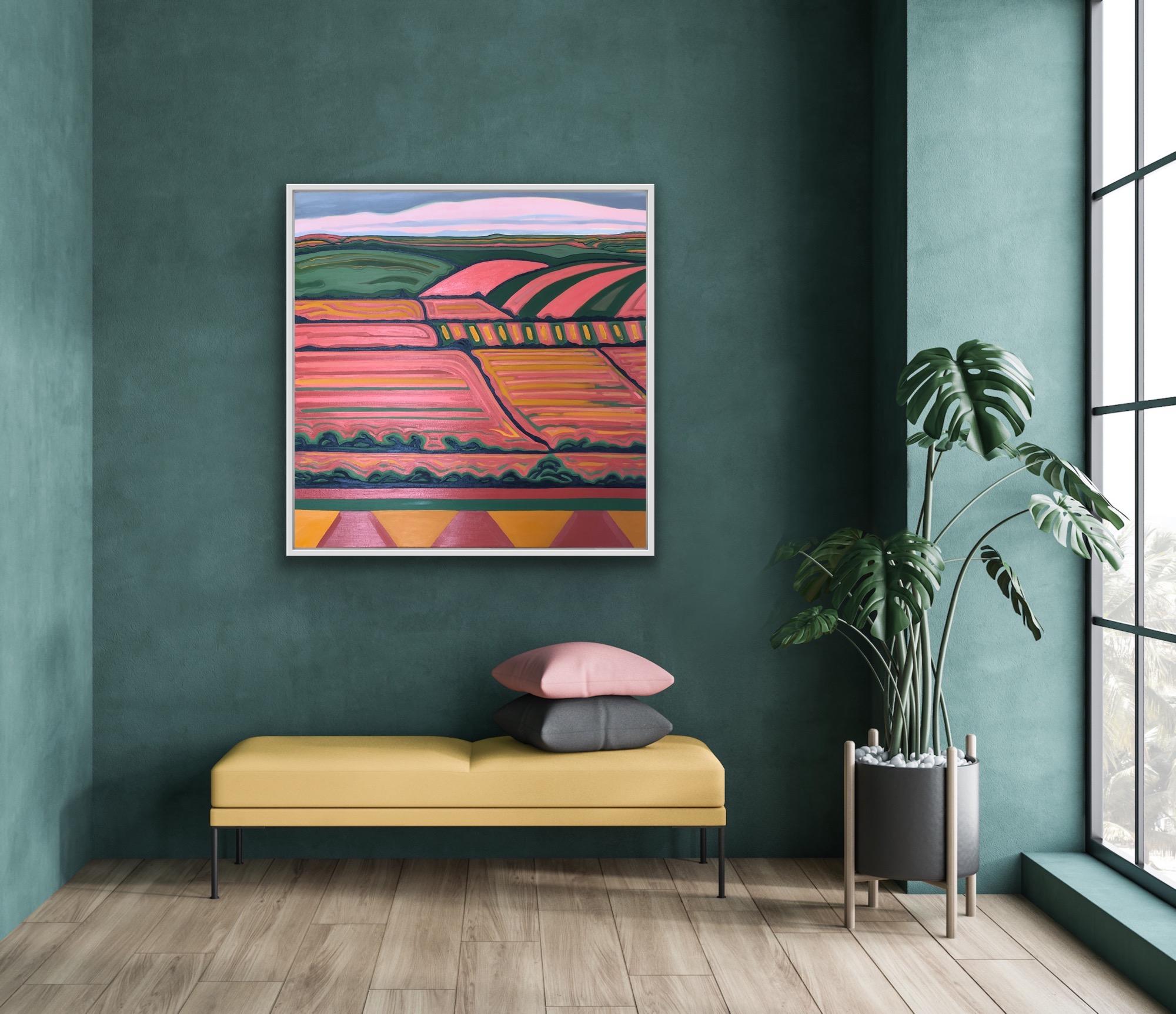 Vista de la colina nº 5, Pintura original, Arte abstracto, Campos, Rural, Rosa, Arte brillante en venta 10