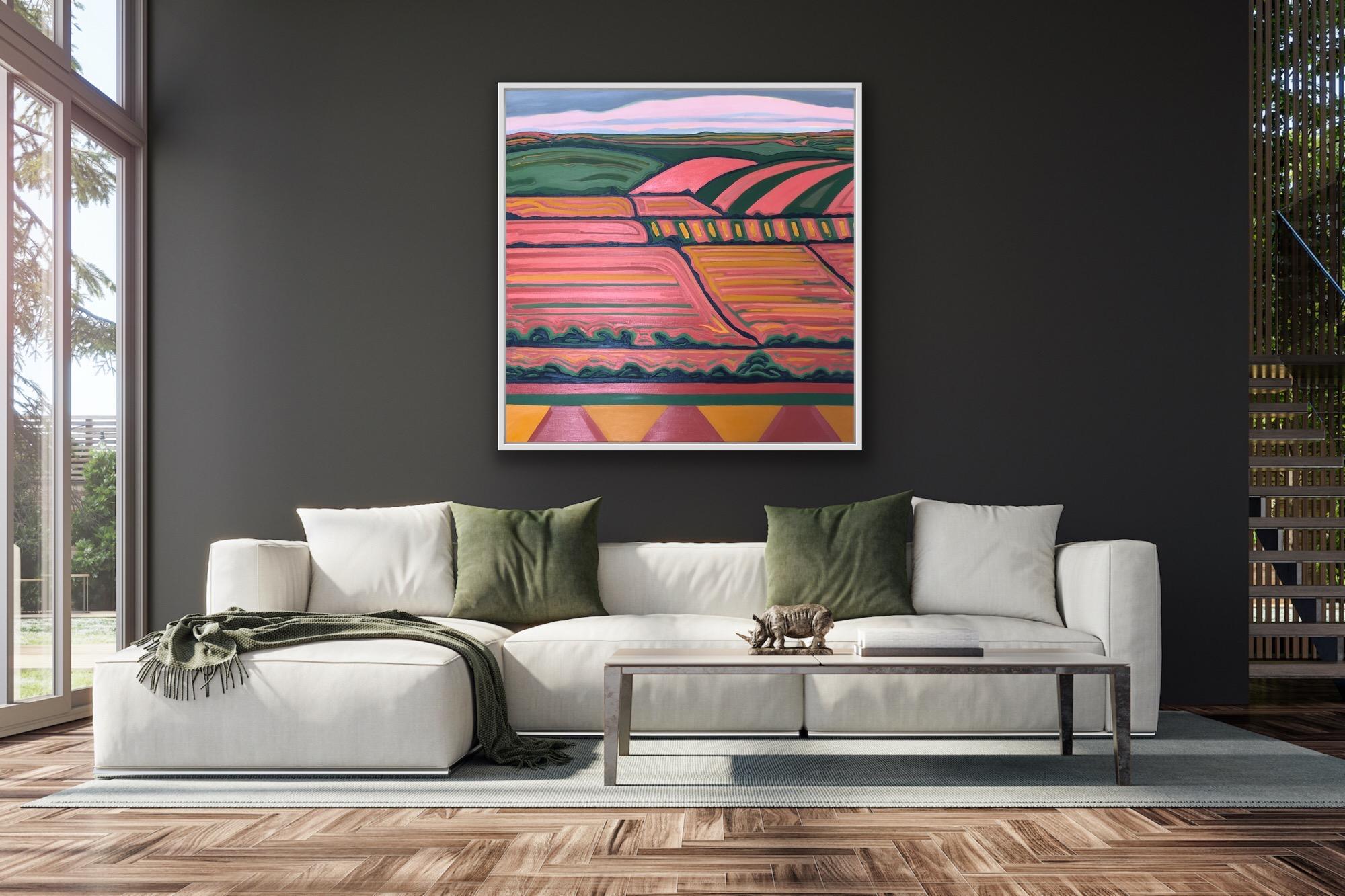 Vista de la colina nº 5, Pintura original, Arte abstracto, Campos, Rural, Rosa, Arte brillante - Painting de Alexa Roscoe