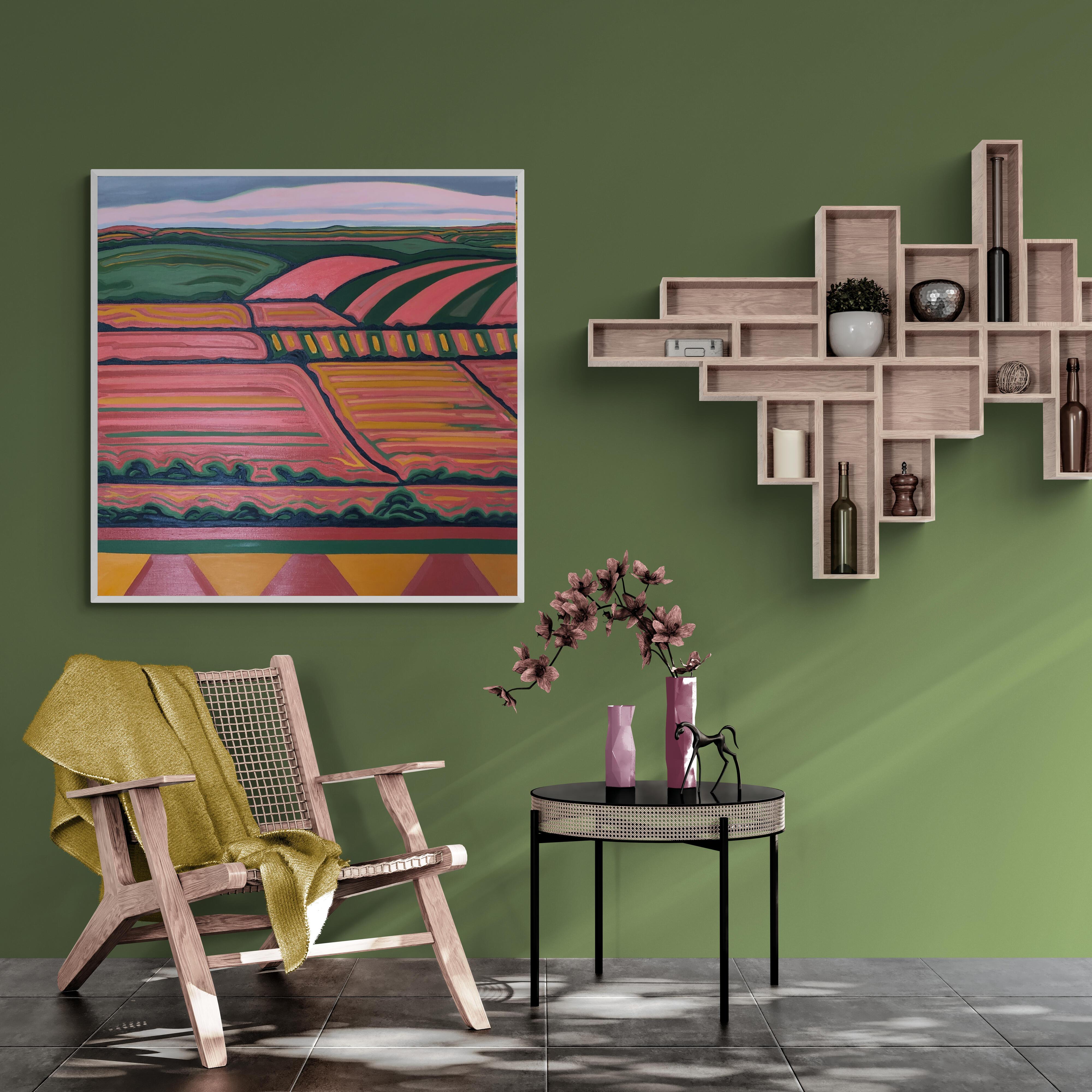 Vista de la colina nº 5, Pintura original, Arte abstracto, Campos, Rural, Rosa, Arte brillante - Painting Contemporáneo de Alexa Roscoe