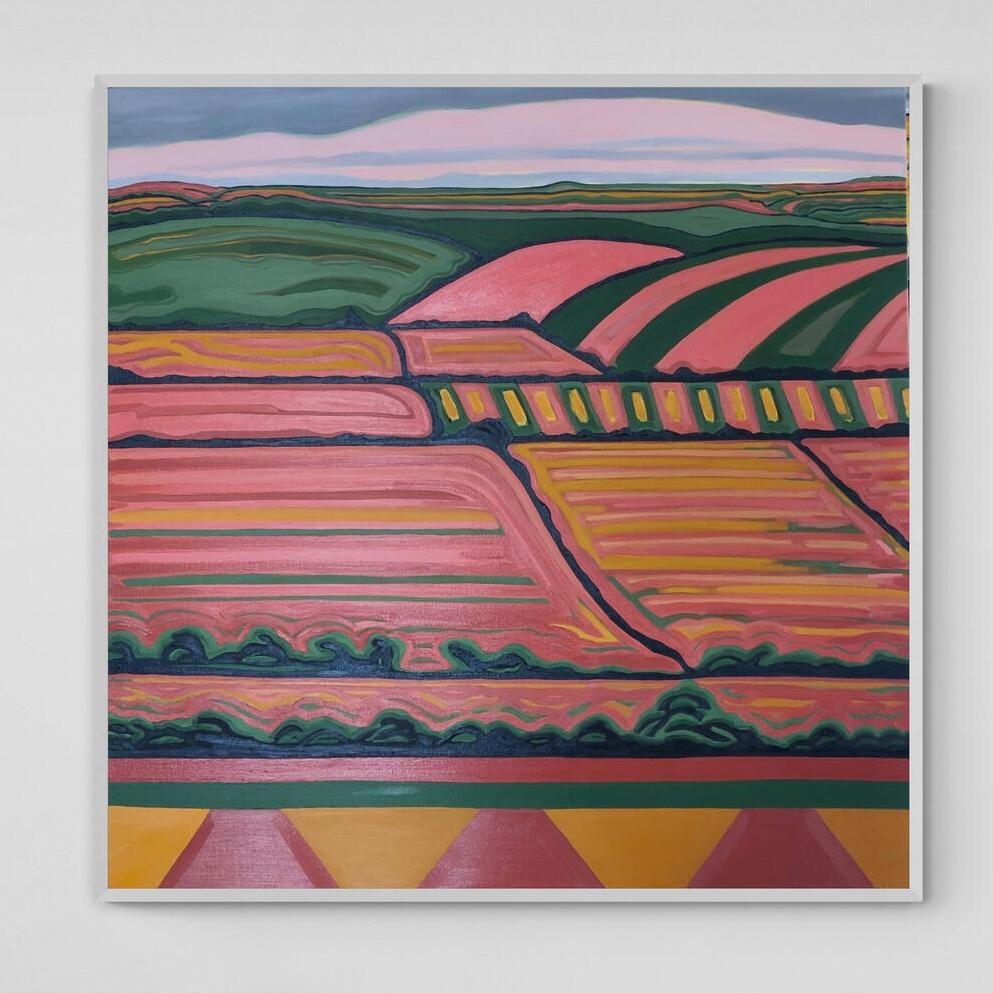 Vista de la colina nº 5, Pintura original, Arte abstracto, Campos, Rural, Rosa, Arte brillante en venta 3