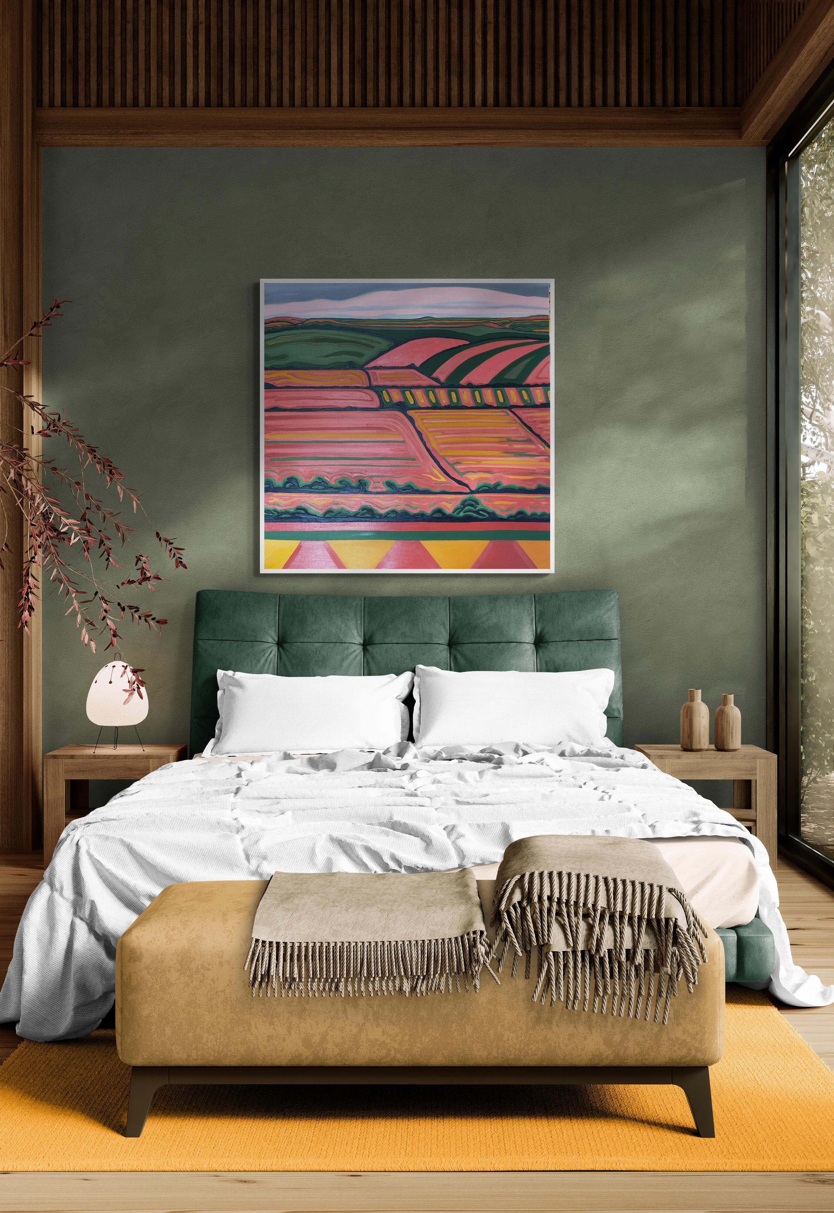 Vista de la colina nº 5, Pintura original, Arte abstracto, Campos, Rural, Rosa, Arte brillante en venta 5