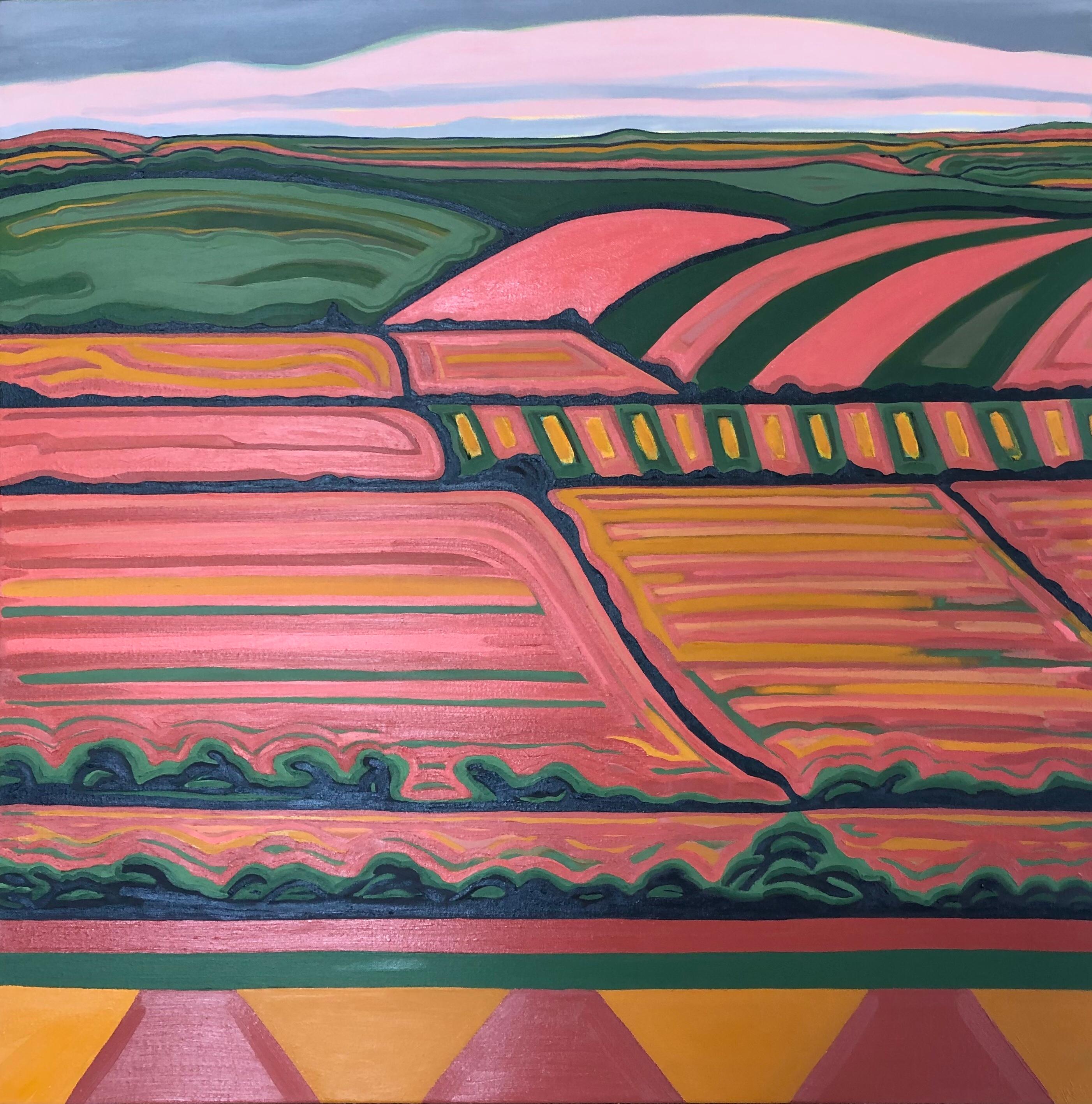 Landscape Painting de Alexa Roscoe - Vista de la colina nº 5, Pintura original, Arte abstracto, Campos, Rural, Rosa, Arte brillante