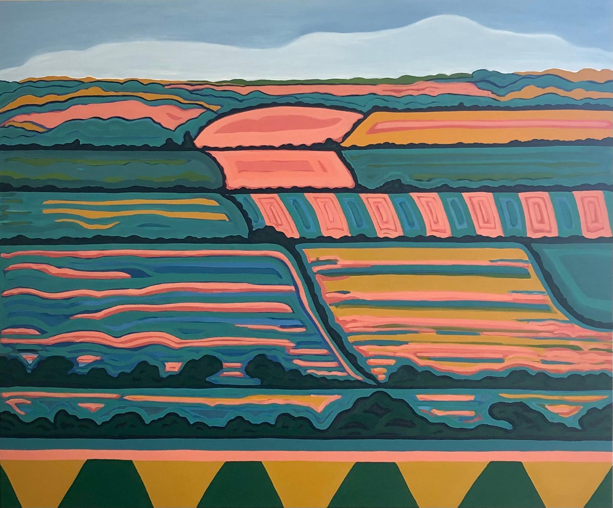 Colina con vistas nº 1, Pintura original, Arte abstracto, Rural, Rosa, Arte brillante en venta 5
