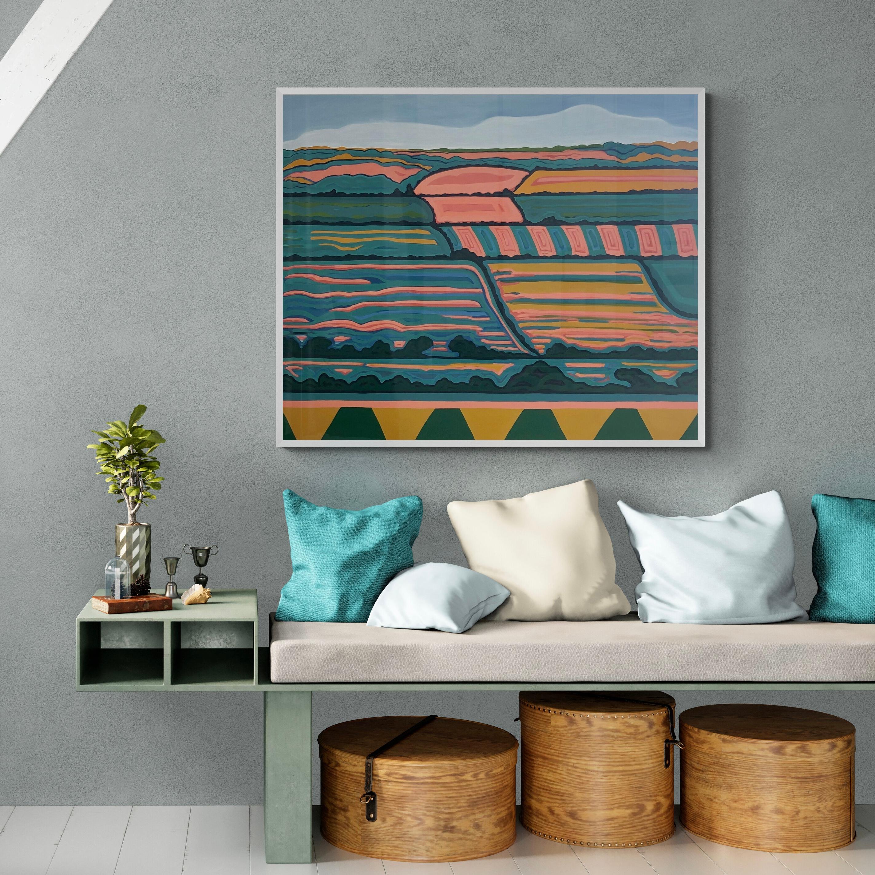 Colina con vistas nº 1 es un óleo original sobre lienzo de 100 cm por 120 cm de la artista Alexa Roscoe. Alexa ha captado el paisaje de Oxfordshire con líneas fuertes y colores vibrantes y estampados que dan al cuadro un aire