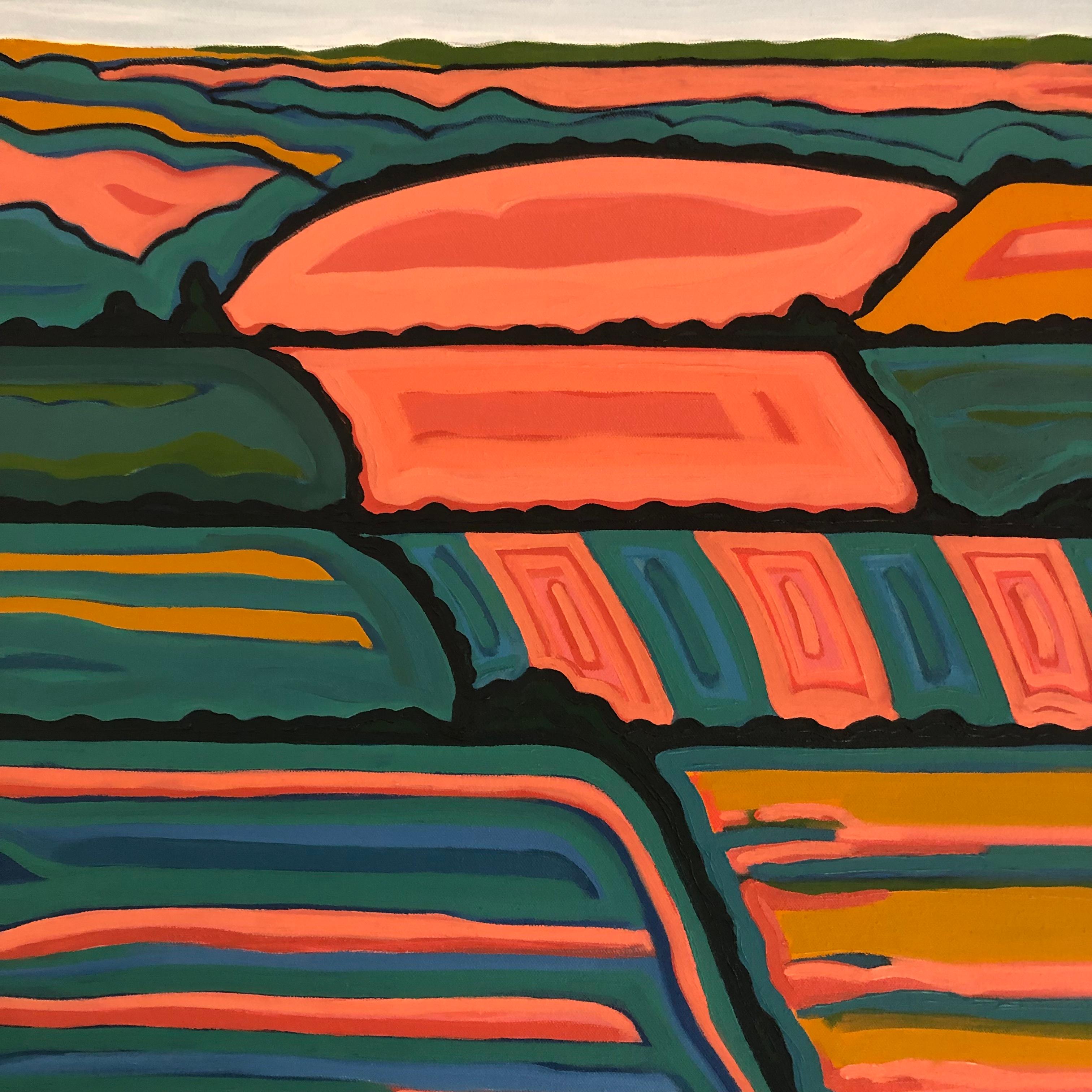 Colina con vistas nº 1, Pintura original, Arte abstracto, Rural, Rosa, Arte brillante en venta 2