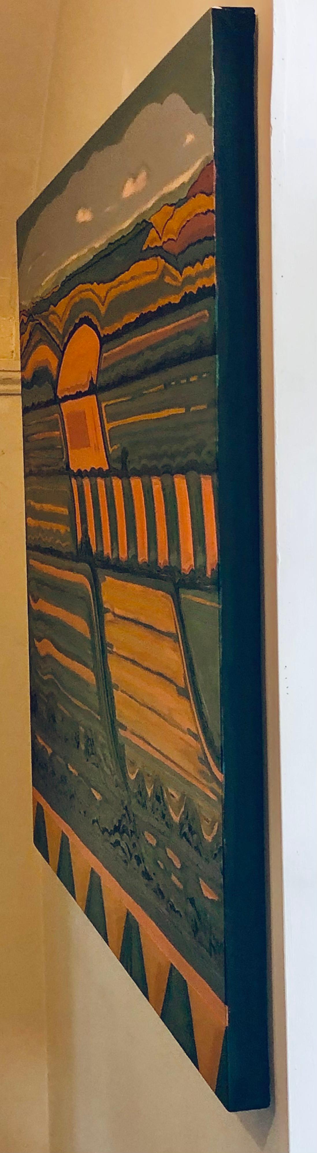 Hille with a View no.2, Quadro originale, Arte astratta, Rurale, Rosa, Arte luminosa in vendita 6