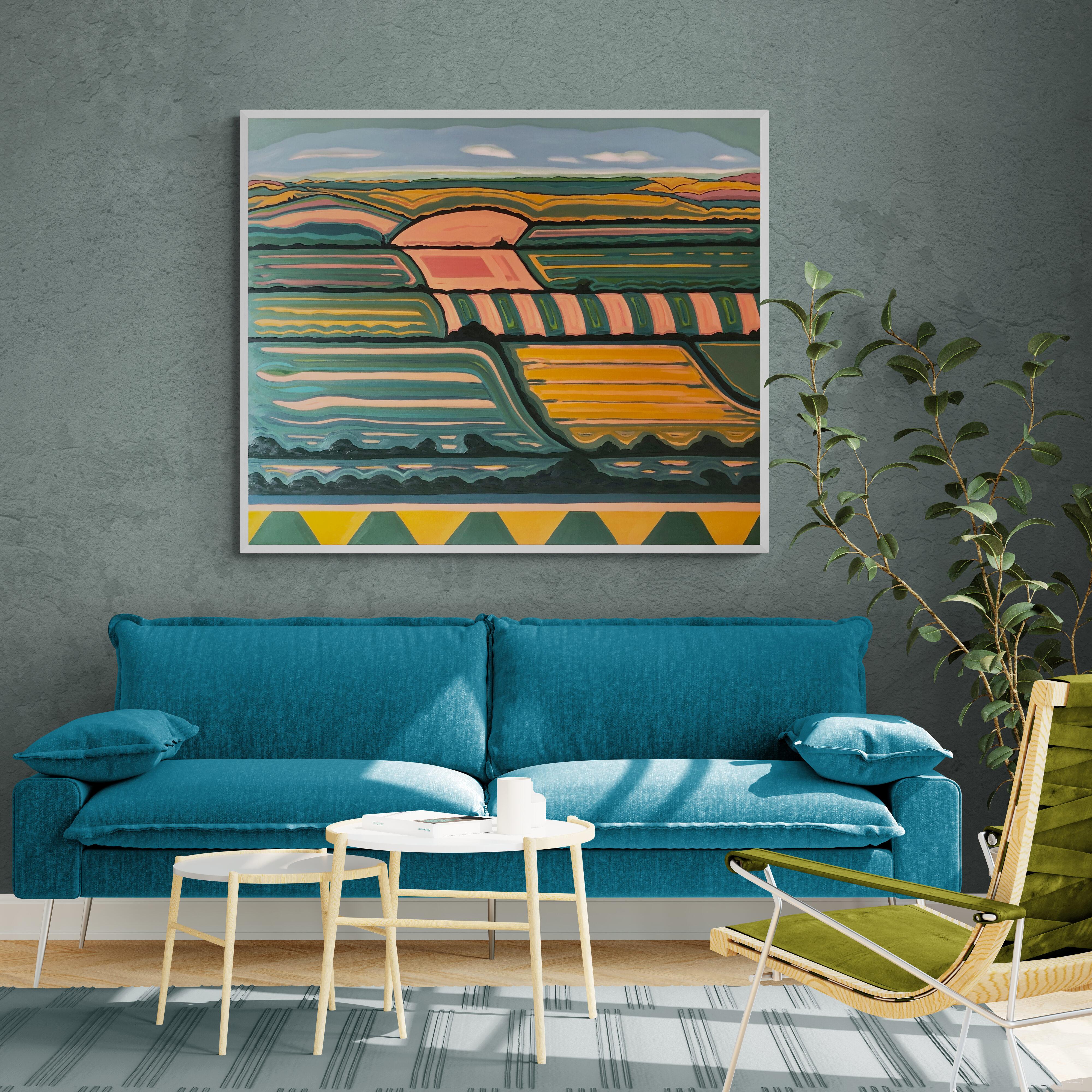 Hille with a View no.2, Quadro originale, Arte astratta, Rurale, Rosa, Arte luminosa in vendita 1