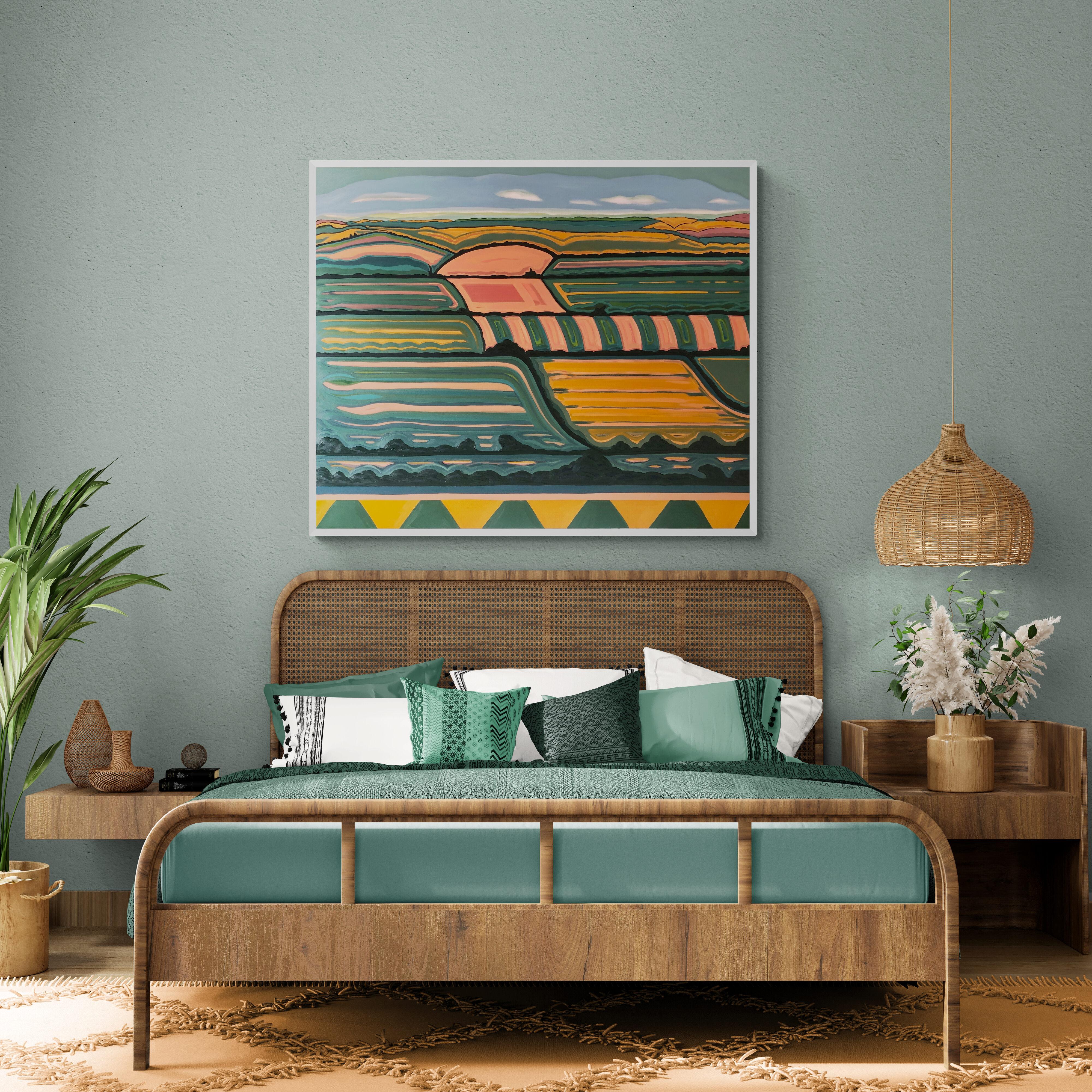 Hille with a View no.2, Quadro originale, Arte astratta, Rurale, Rosa, Arte luminosa in vendita 2