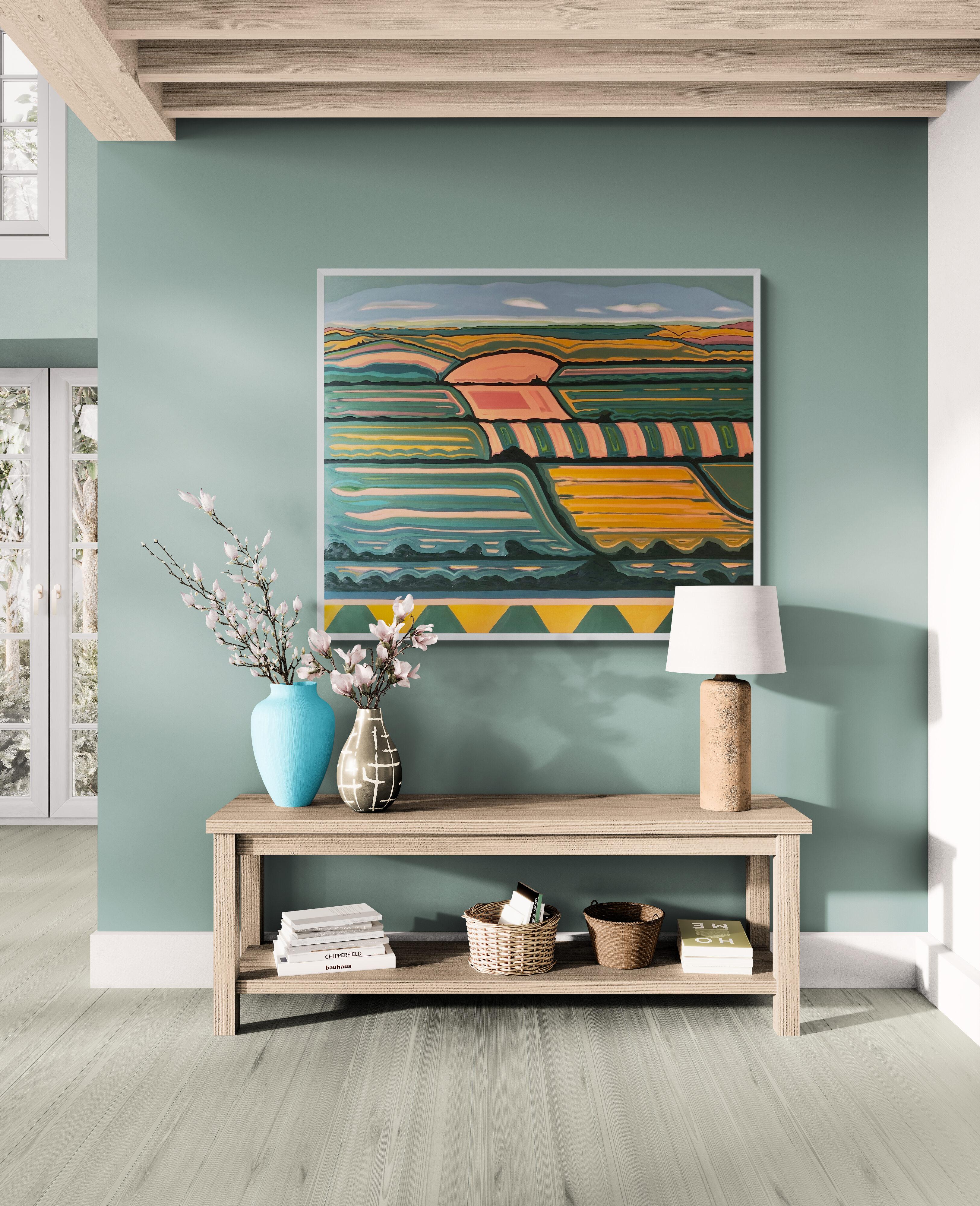 Hille with a View no.2, Quadro originale, Arte astratta, Rurale, Rosa, Arte luminosa in vendita 4