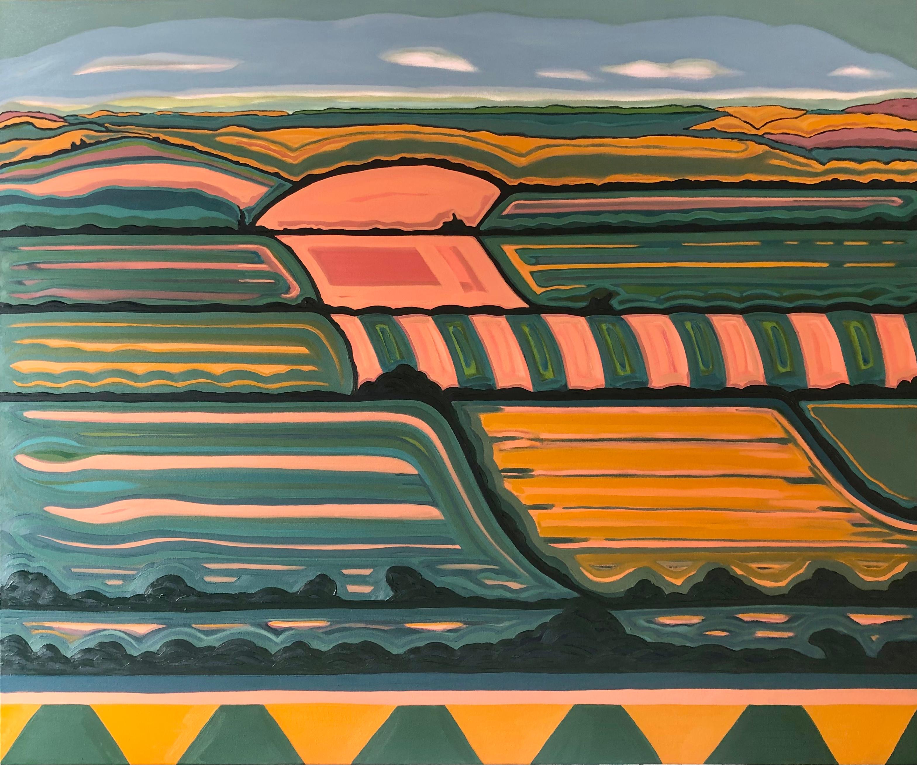 Landscape Painting di Alexa Roscoe - Hille with a View no.2, Quadro originale, Arte astratta, Rurale, Rosa, Arte luminosa
