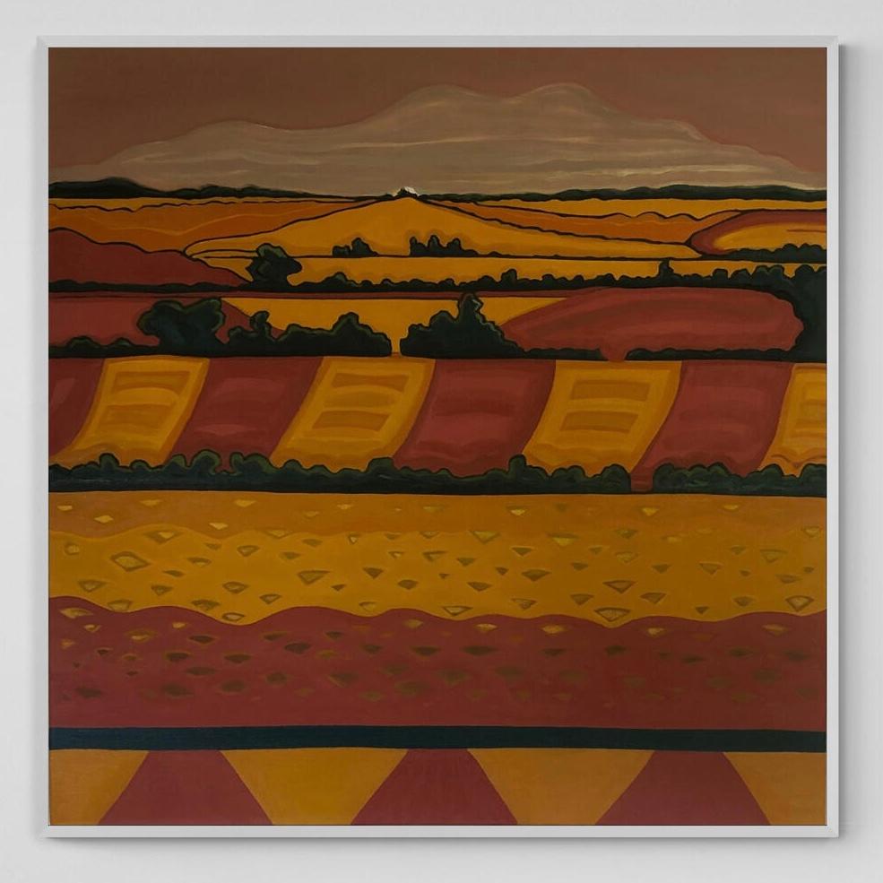 Into the Horizon Nr.1, Originalgemälde, Hügel, Landschaft, Feldern, Orange – Painting von Alexa Roscoe