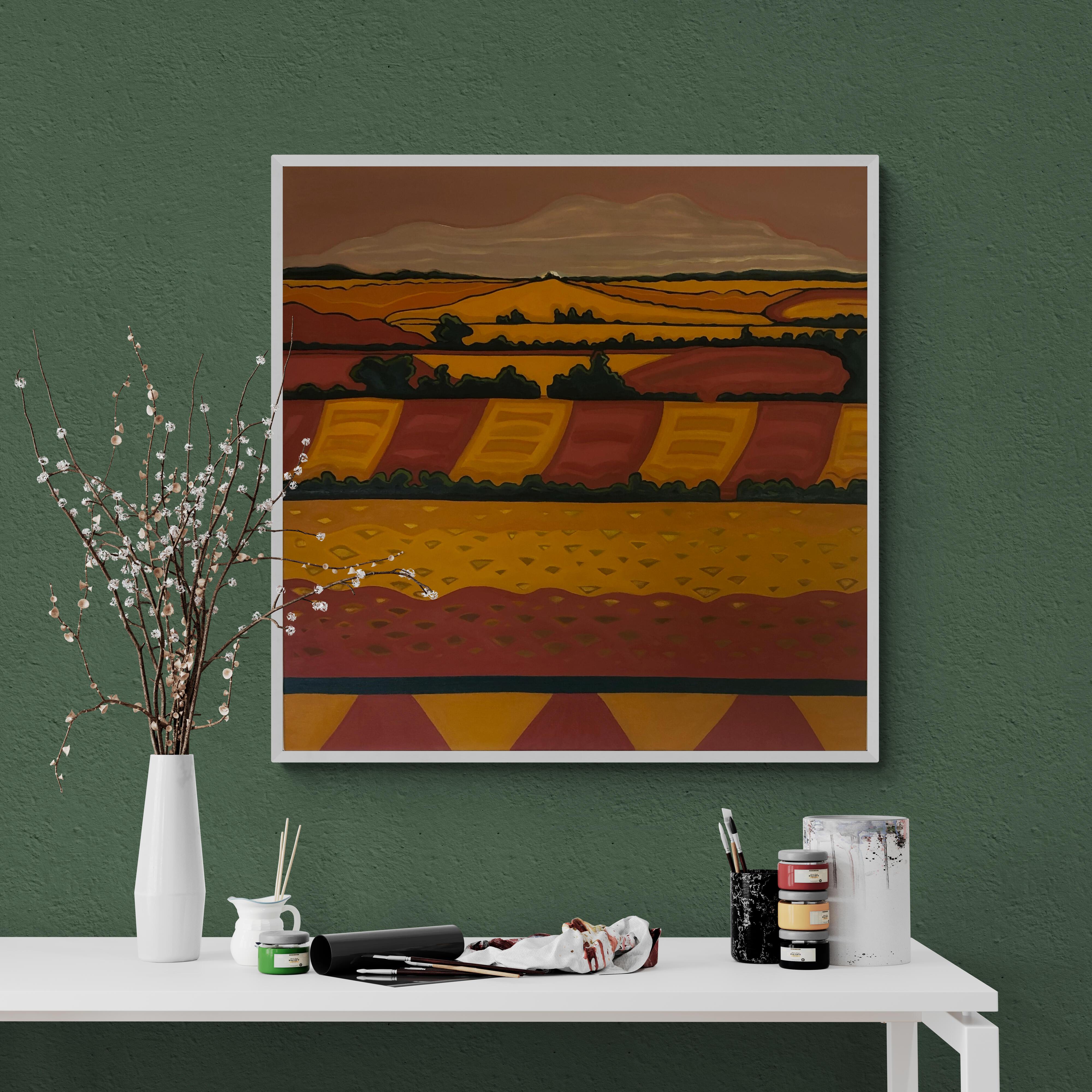 Into the Horizon no.1 ist ein farbenfrohes Original-Ölgemälde der Künstlerin Alexa Roscoe auf einer 1 m großen quadratischen Leinwand. Alexa hat kräftige, fließende Linien verwendet, die den Blick auf den Brennpunkt am Horizont lenken. Alexa hat die