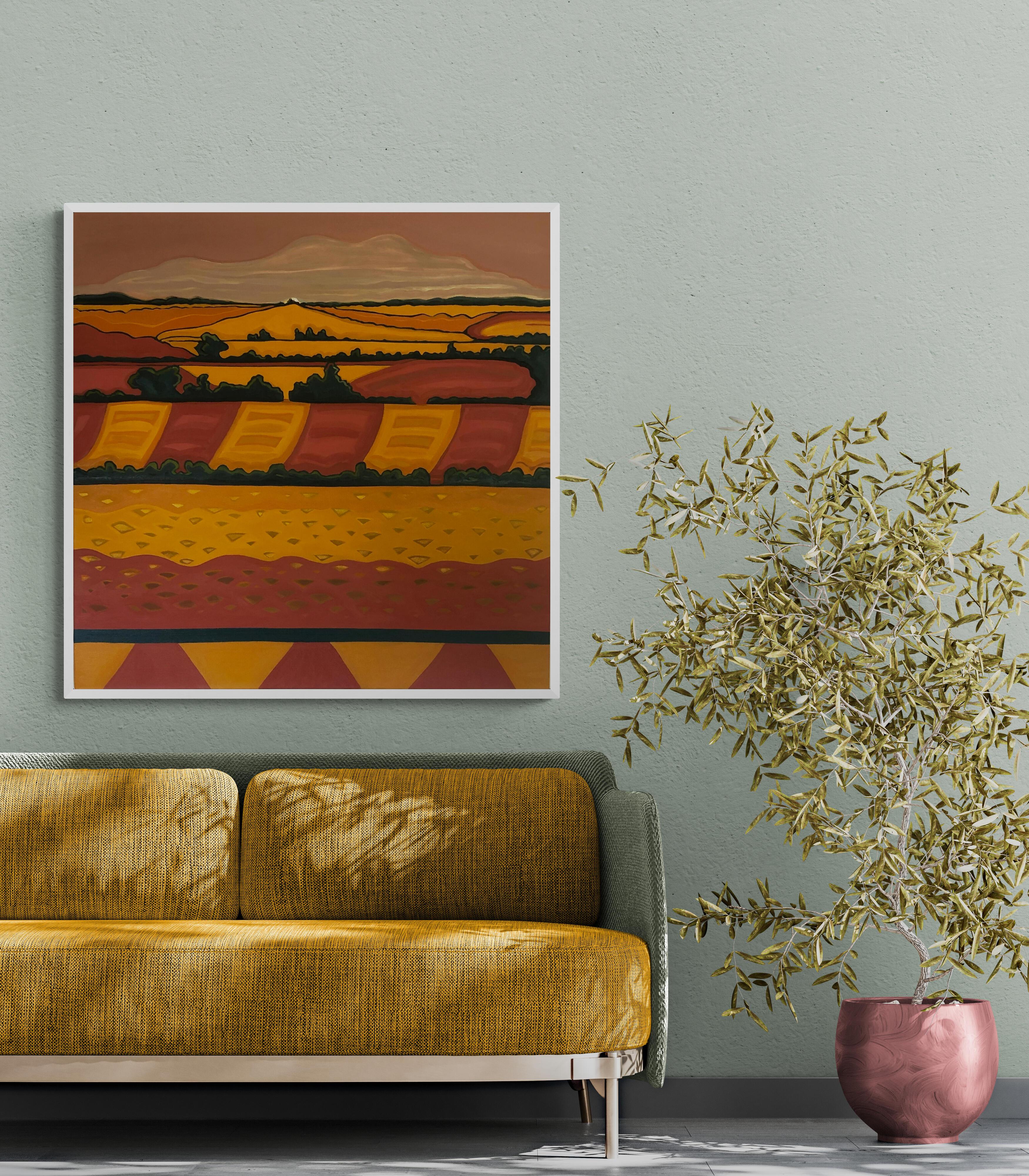 Into the Horizon Nr.1, Originalgemälde, Hügel, Landschaft, Feldern, Orange im Angebot 1