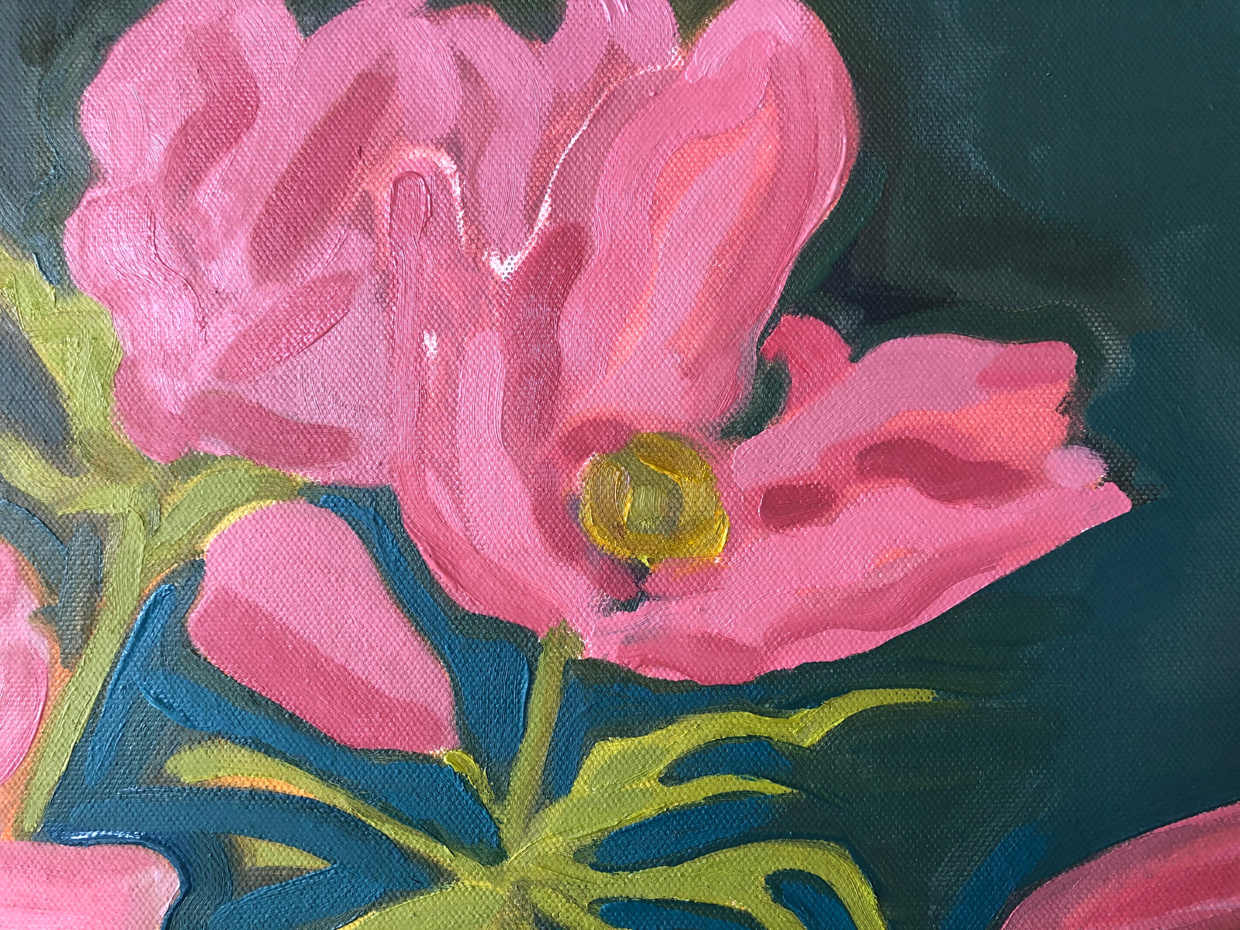 Rosa Anemone Nr. 1 ist ein Original-Ölgemälde der Künstlerin Alexa Roscoe. Dieses Gemälde fängt die zarte und doch kühne Schönheit von Anemonenblüten in einer sanften und doch auffälligen Palette von Rosatönen ein. Die leuchtend grünen, verspielten