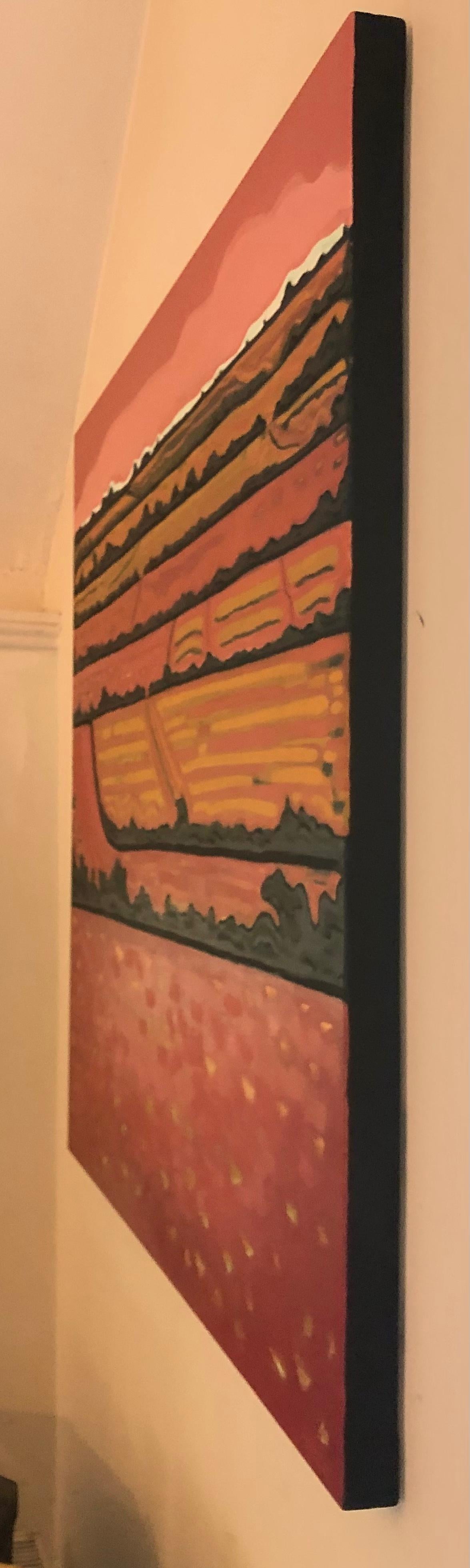 Rosa Horizontfelder, Originalgemälde, abstrakte Kunst, ländlich, rosa, helle Kunst im Angebot 6