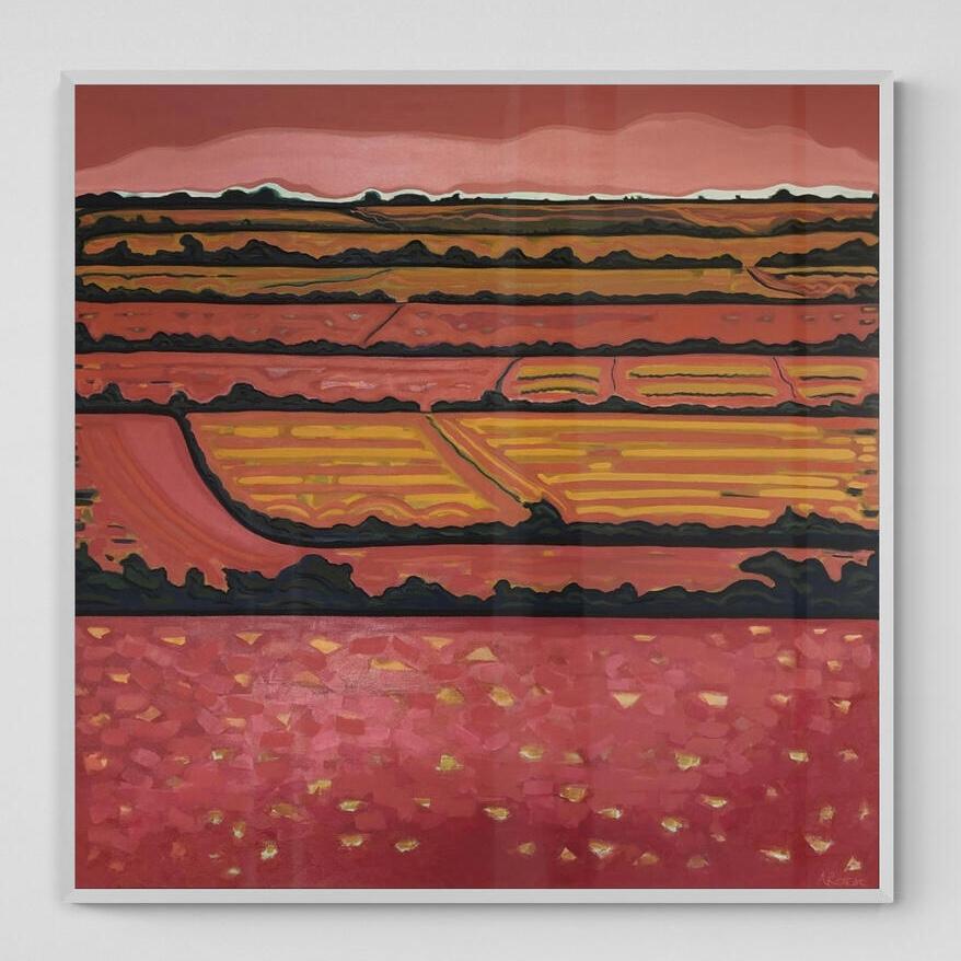 Rosa Horizontfelder, Originalgemälde, abstrakte Kunst, ländlich, rosa, helle Kunst (Zeitgenössisch), Painting, von Alexa Roscoe