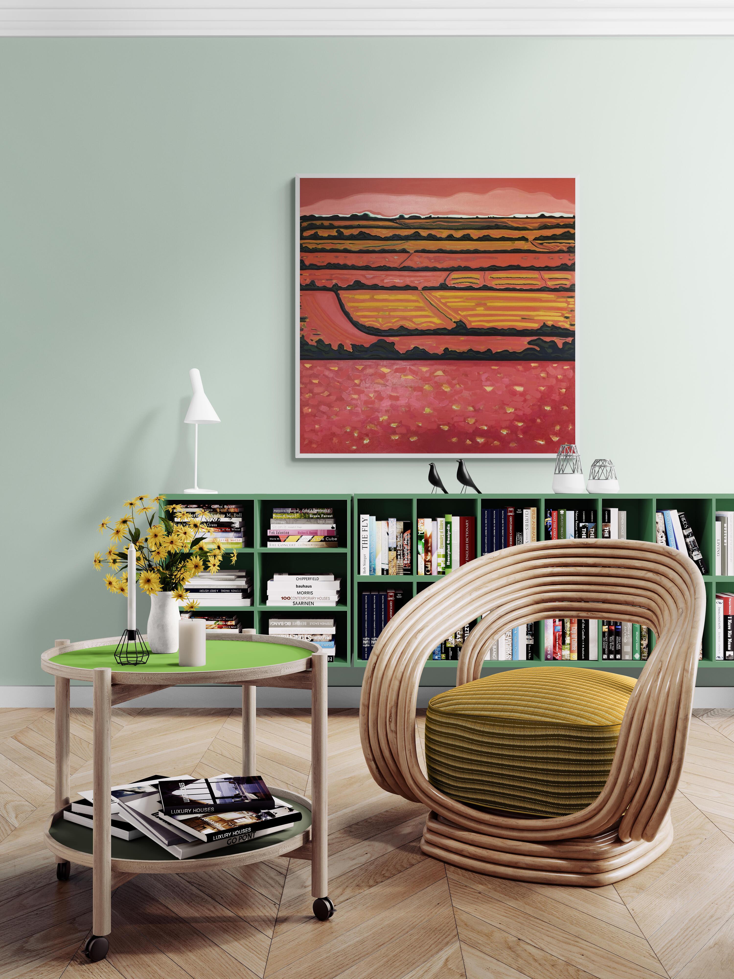 Rosa Horizontfelder, Originalgemälde, abstrakte Kunst, ländlich, rosa, helle Kunst (Orange), Landscape Painting, von Alexa Roscoe