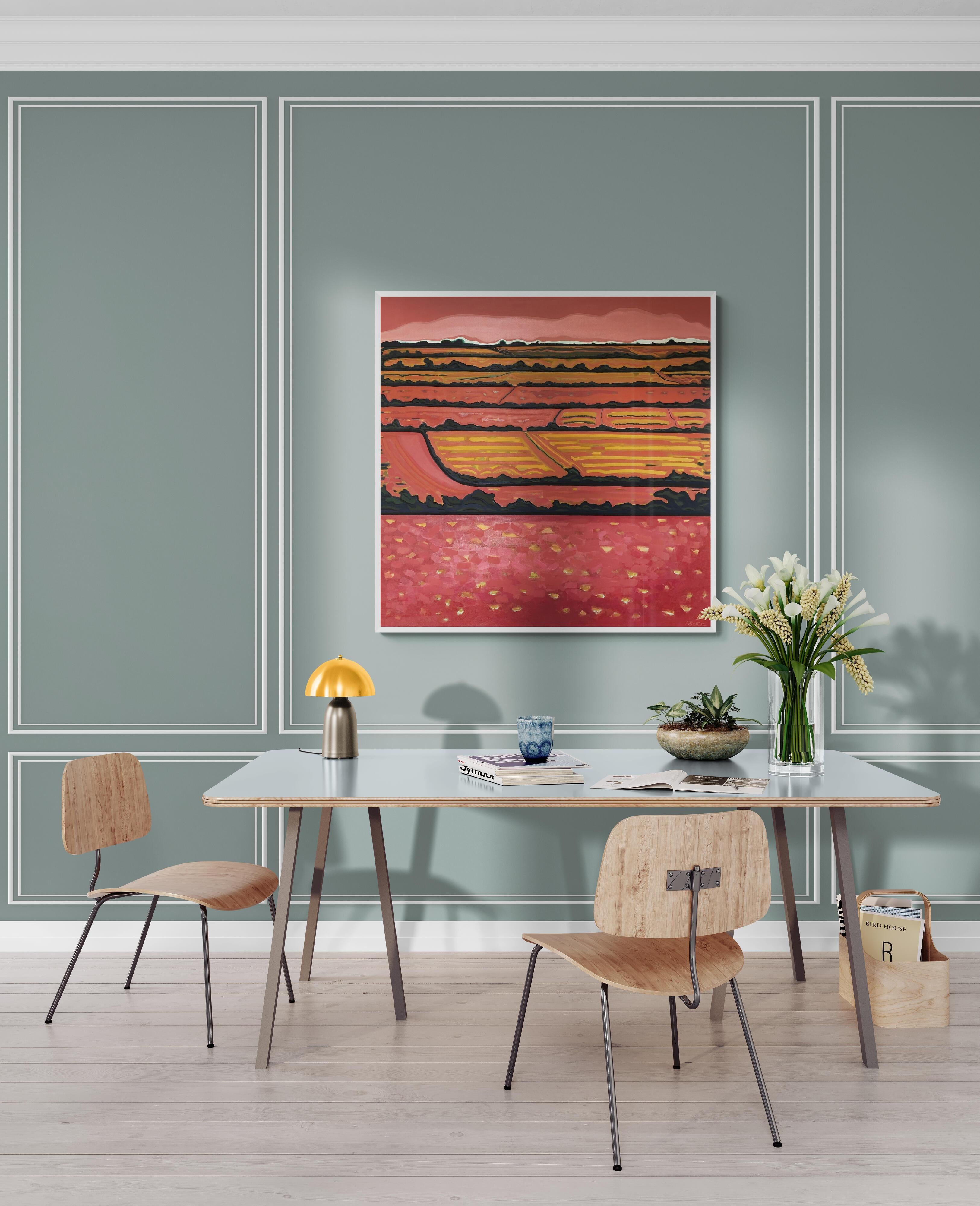 Pink Horizon Fields ist ein Original-Ölgemälde auf einer 1 m großen, quadratischen Leinwand der Künstlerin Alexa Roscoe. Alexa hat kräftige und lebhafte Farben verwendet, die dem Gemälde einen modernen Charakter verleihen. Dieses mehrfarbige Gemälde