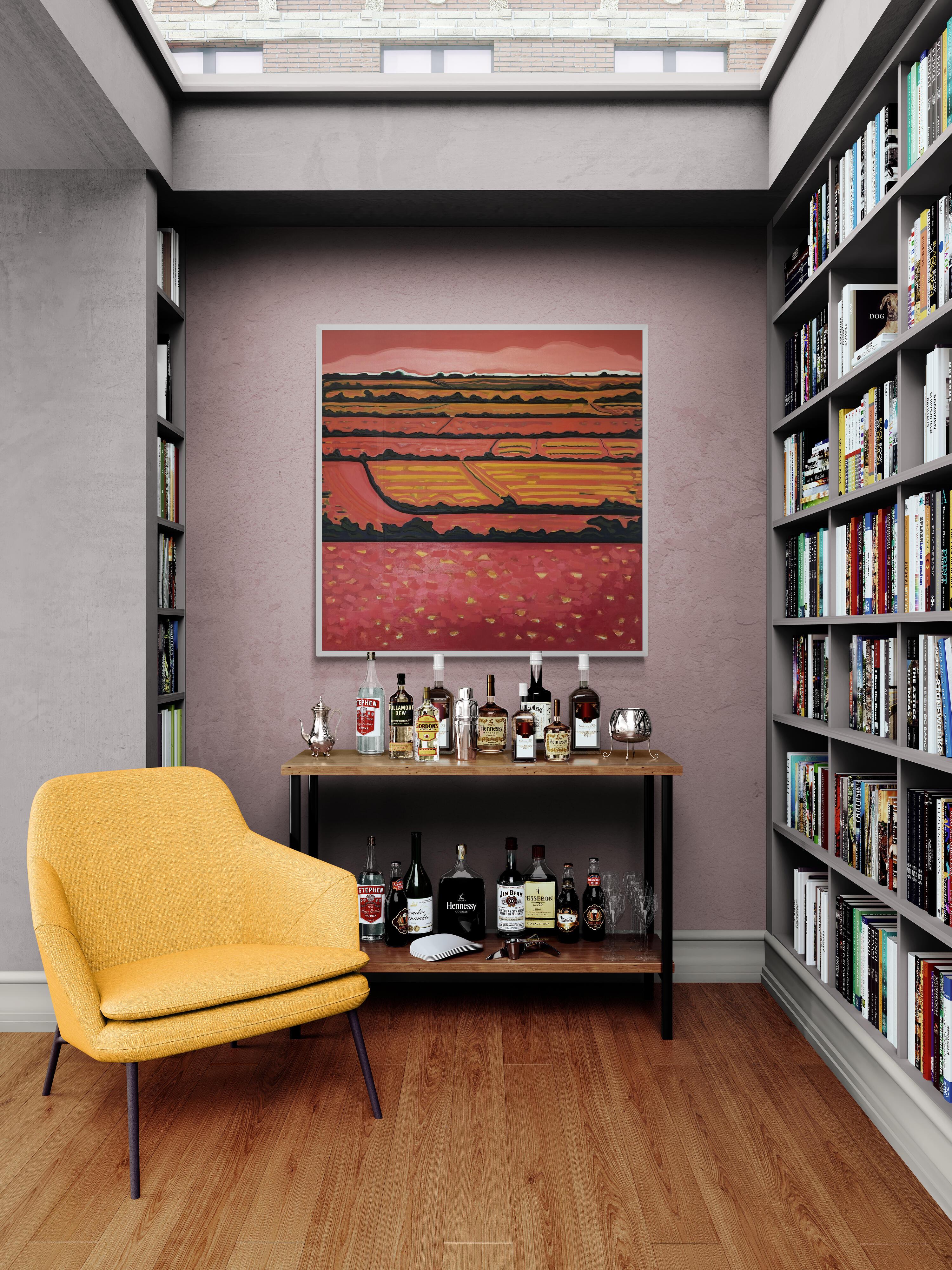 This landscape painting by Alexa Roscoe is inspired by the Devon rollin hill’s. Alexa has used a vibrant palette of pinks, greens and golden yellows which evoke warmth and serenity of the landscape. The strong, defined lines of the hedges create a