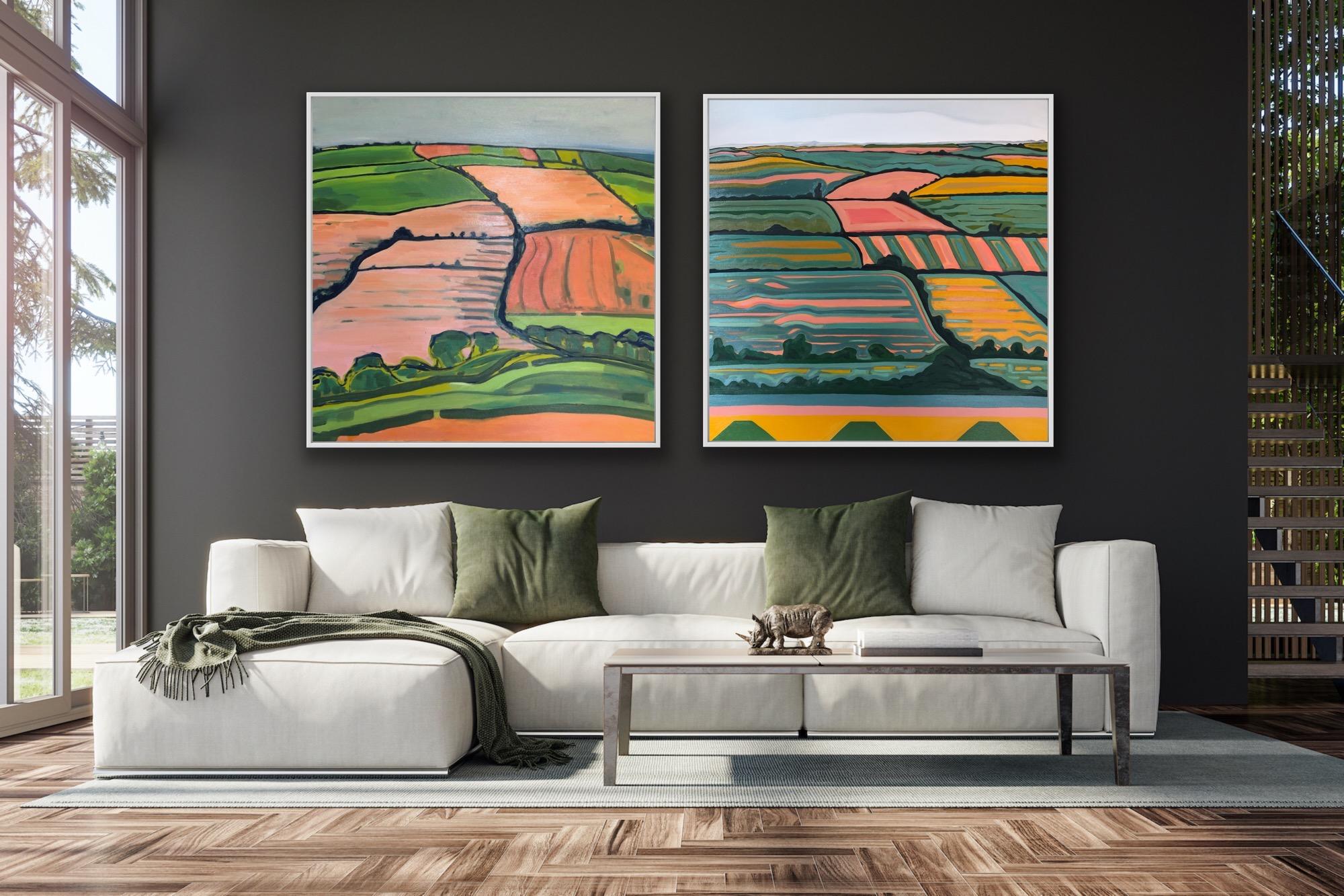 Rolling Hill no.1 and Hill View no.1 (Diptych), Fun, Contemporary Landscape art - Painting by Alexa Roscoe