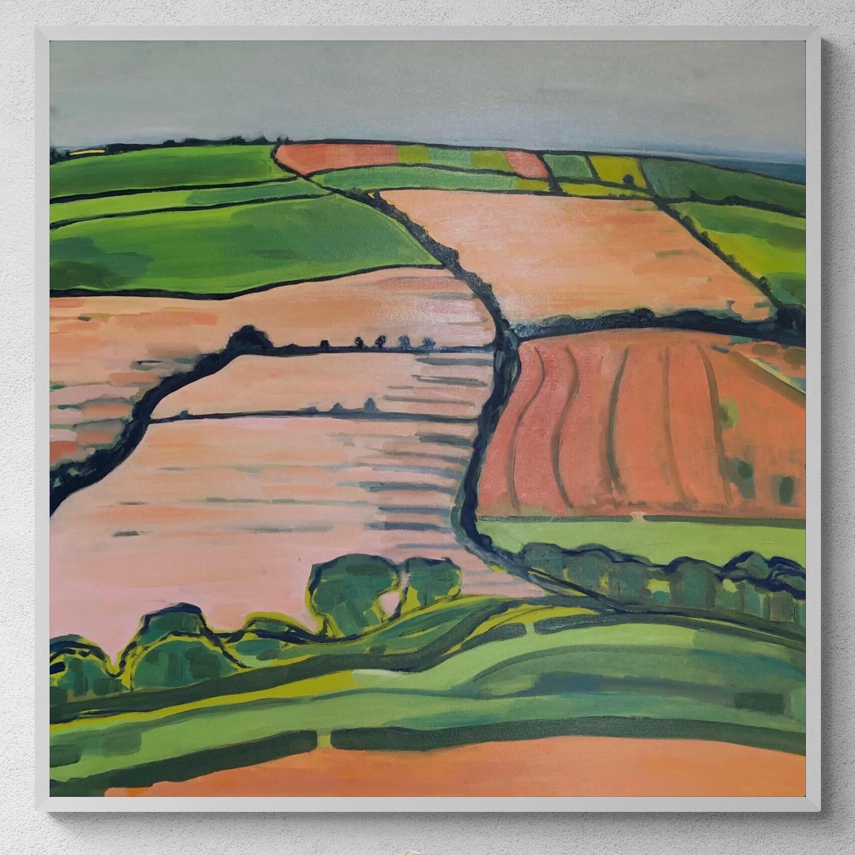 Rolling hill no. 1 is an original oil painting by artist Alexa Roscoe. This painting has a sense of freedom and playfulness as if it wants you to run away with it down the hill. It's combination and balance of vibrant and calming colours create an