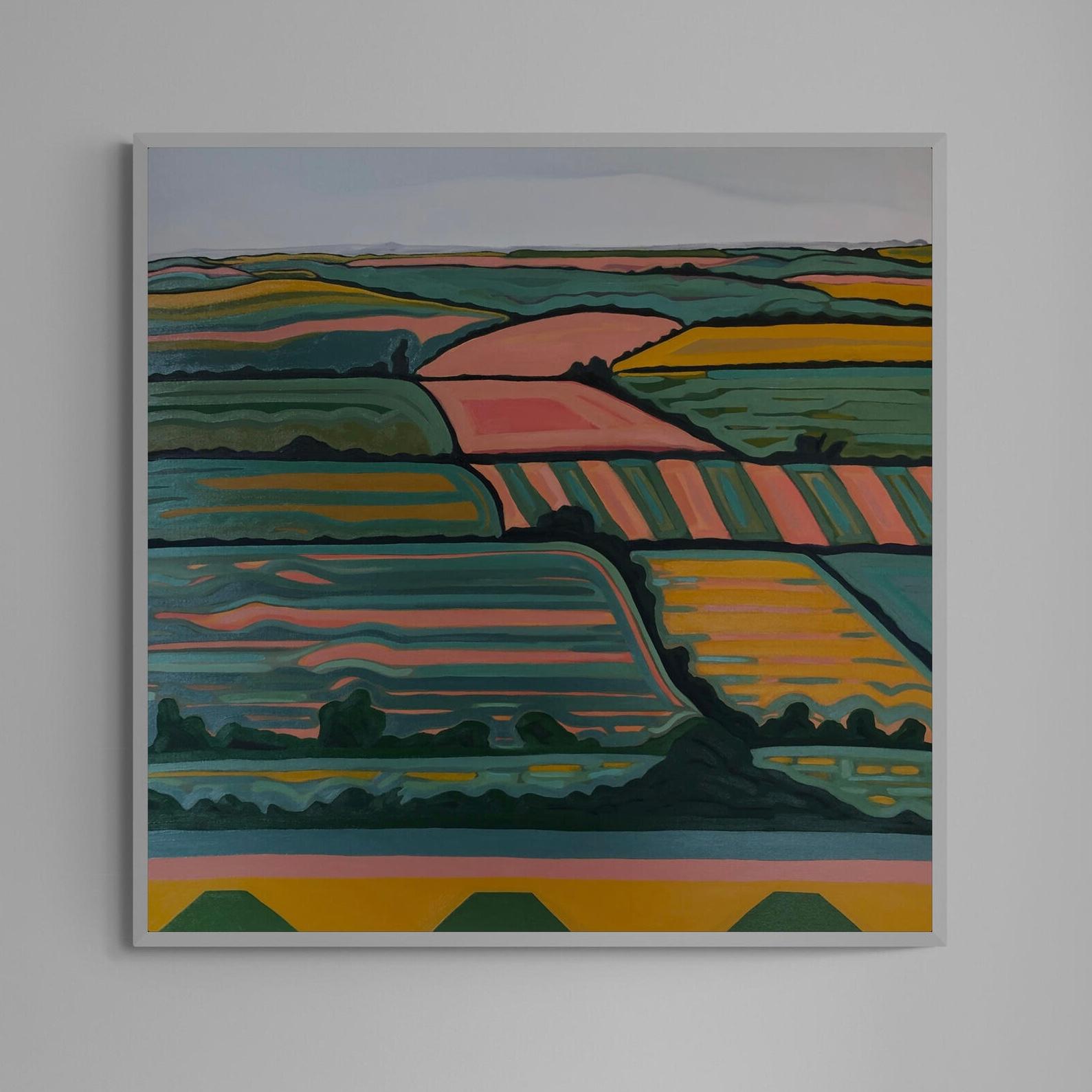 Rolling hill no. 1 is an original oil painting by artist Alexa Roscoe. This painting has a sense of freedom and playfulness as if it wants you to run away with it down the hill. It's combination and balance of vibrant and calming colours create an