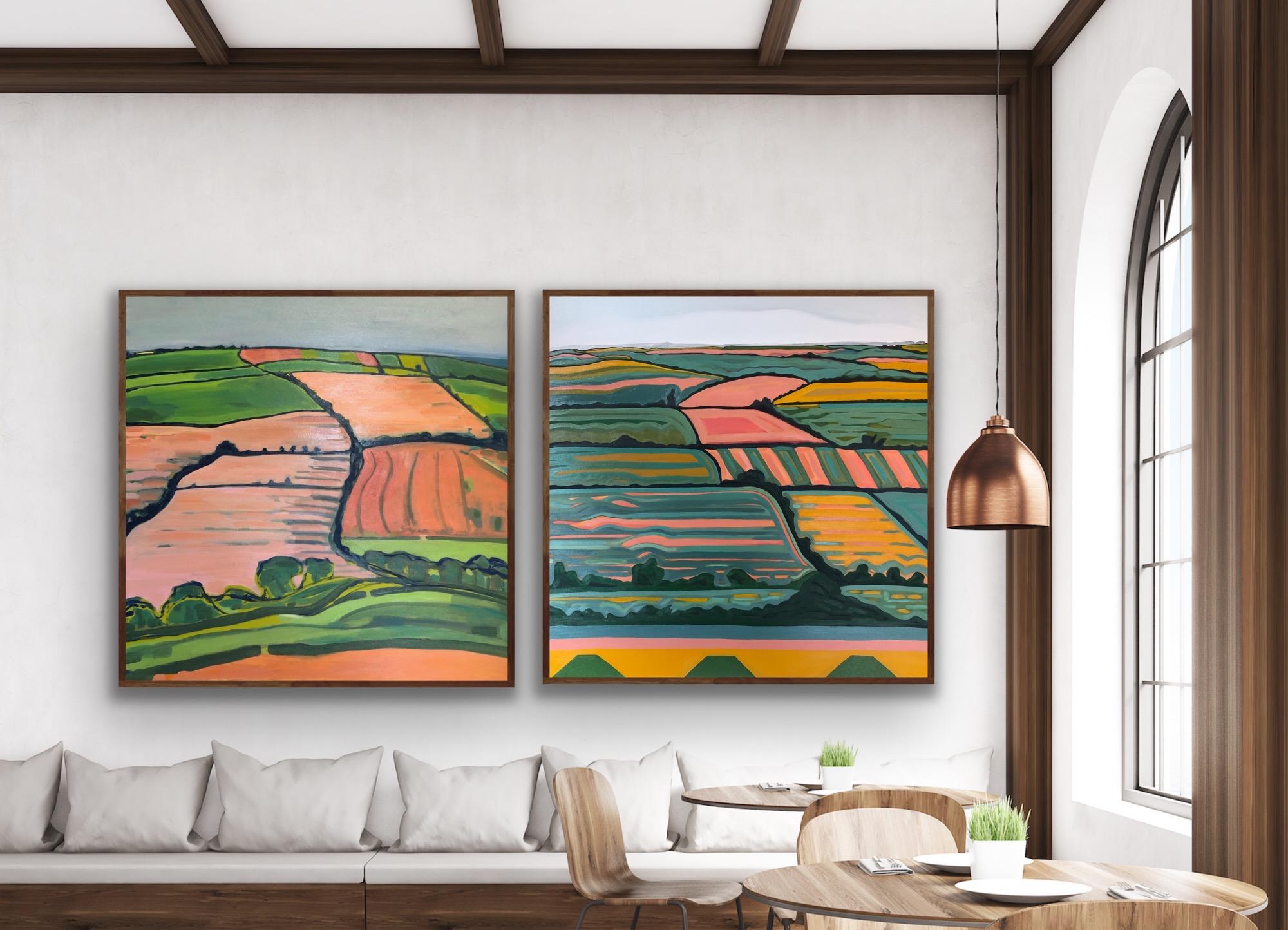 Rolling Hill no.1 and Hill View no.1 (Diptych), Fun, Contemporary Landscape art For Sale 3