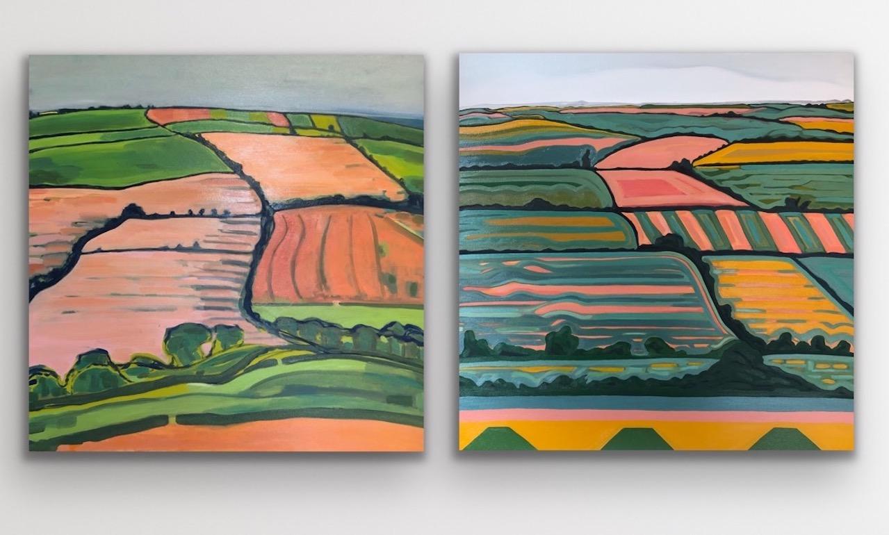 Alexa Roscoe Still-Life Painting - Rolling Hill no.1 and Hill View no.1 (Diptych), Fun, Contemporary Landscape art