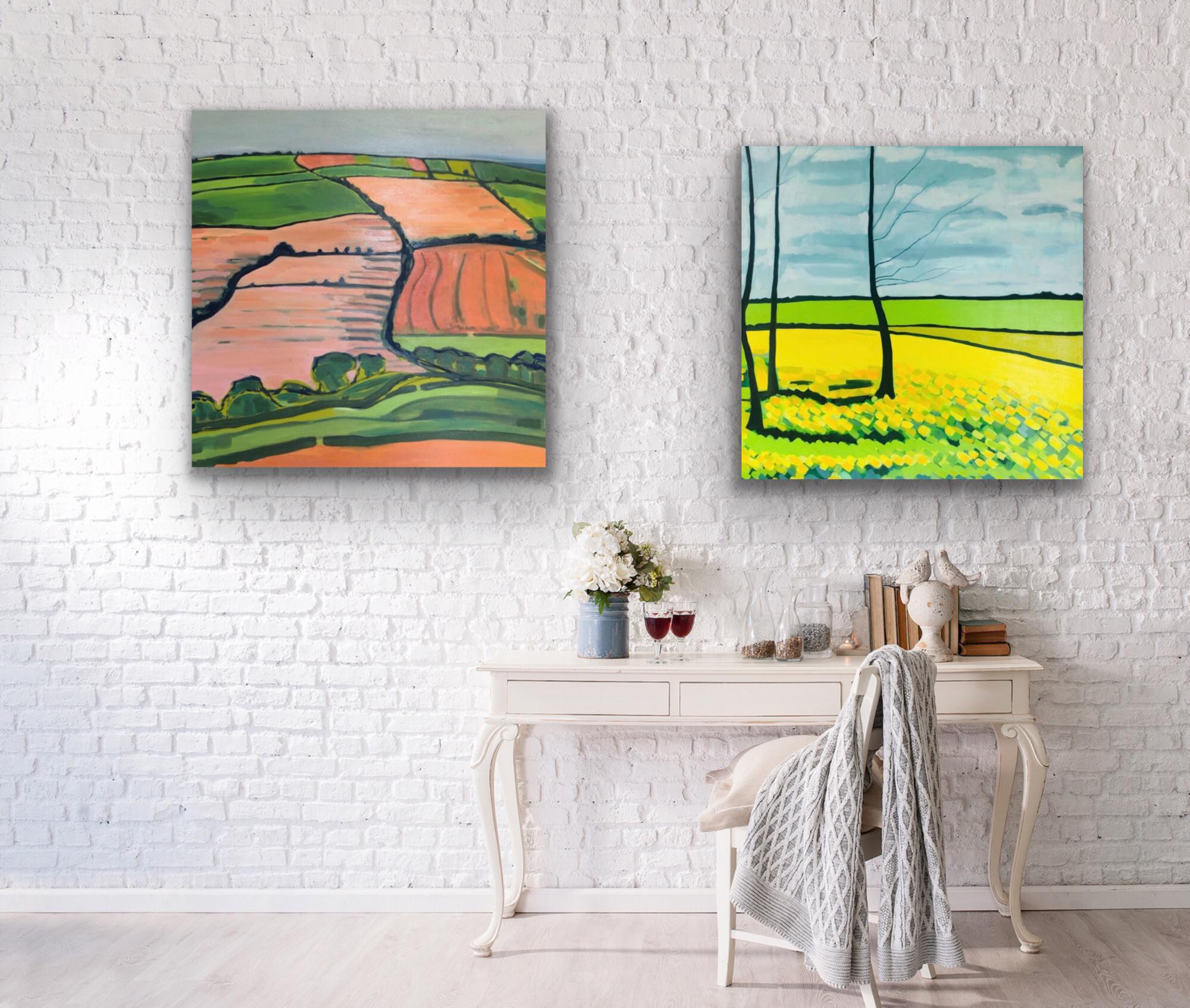 Alexa Roscoe Abstract Painting - Rolling Hill no.1 and Yellow Fields no.3, Diptych, 2 Landscape paintings, Nature