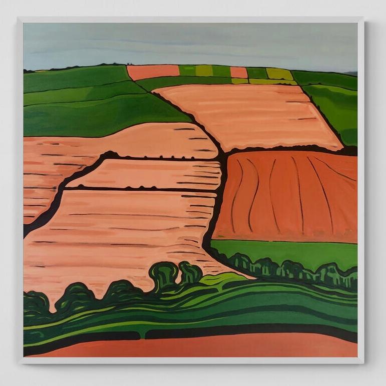 Rolling Hill, Originalgemälde, Hügel, Landschaft, Felder, Orange, Ländliche Natur – Painting von Alexa Roscoe